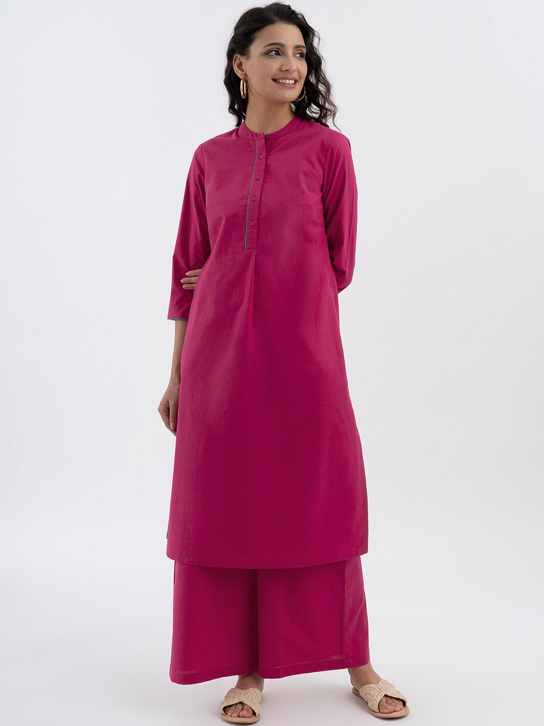 Pink Fort Band Collar Pure Cotton Kurta
