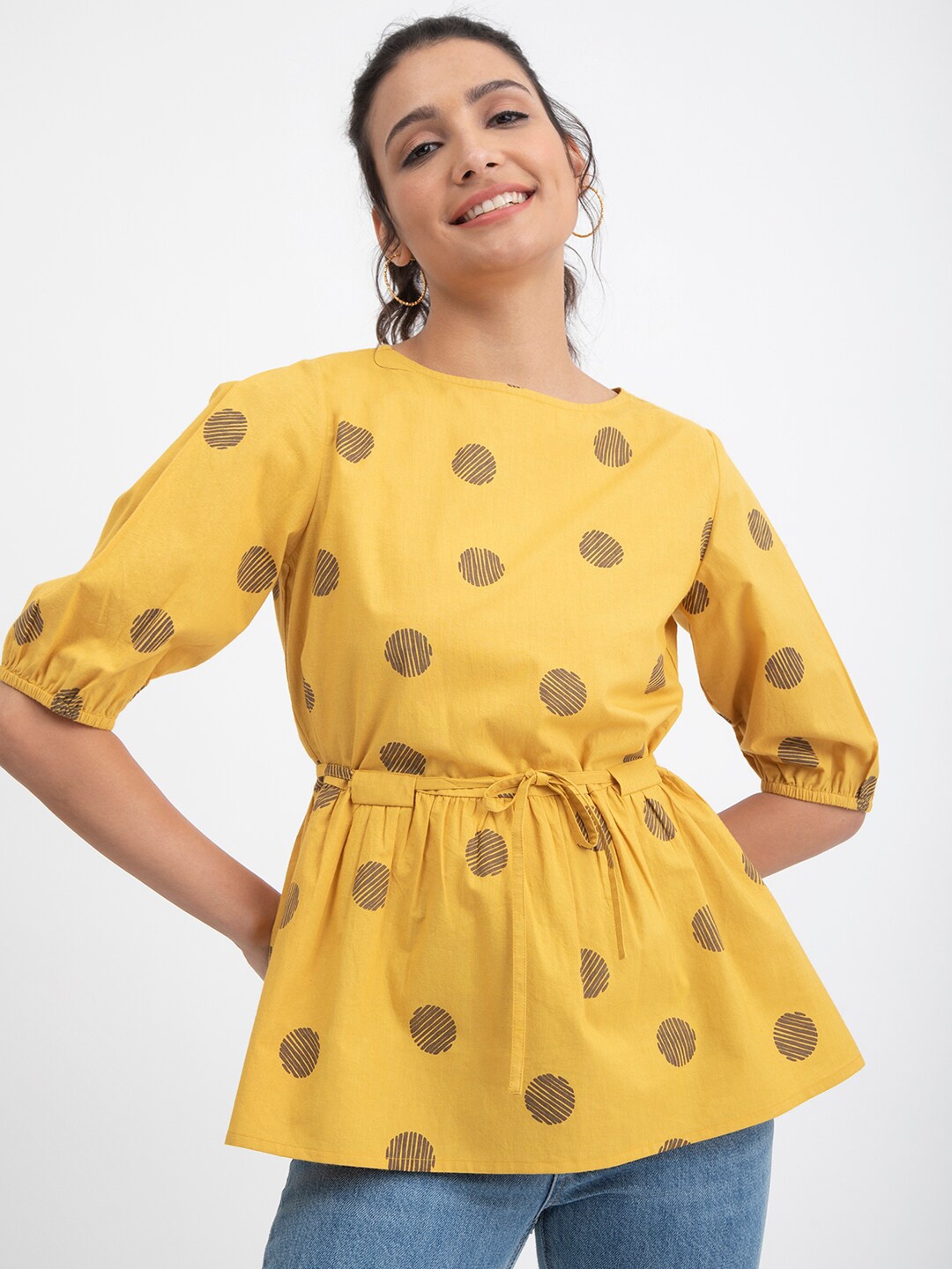 Pink Fort Geometric Printed Puff Sleeve Cotton Cinched Waist Top, Mustard