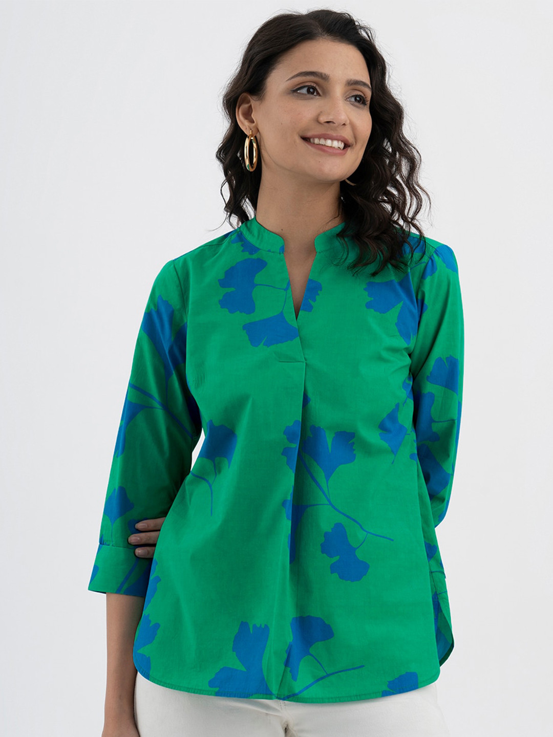 

Pink Fort Floral Printed Mandarin Collar Cotton Top, Green