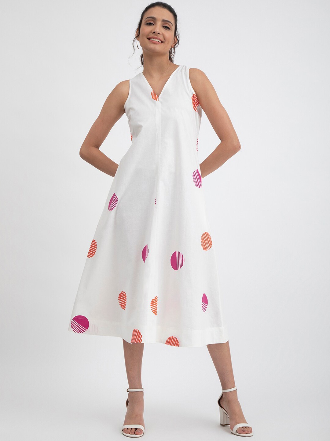 

Pink Fort Polka Dot Printed V Neck Cotton Dress, White