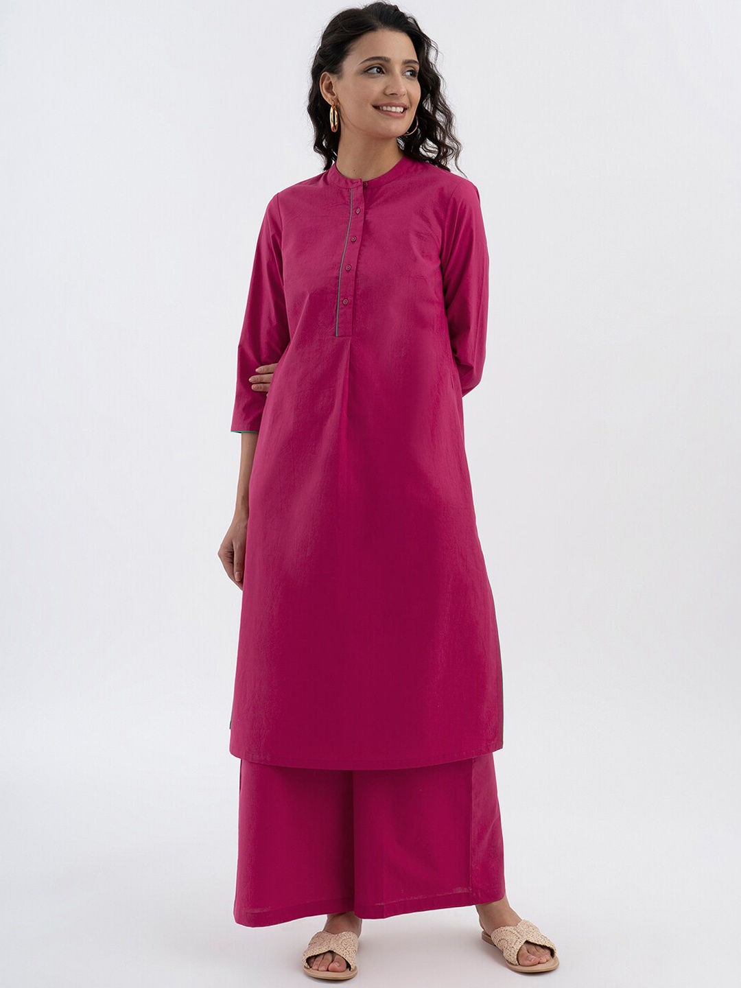 

Pink Fort Band Collar Pure Cotton Kurta with Palazzos