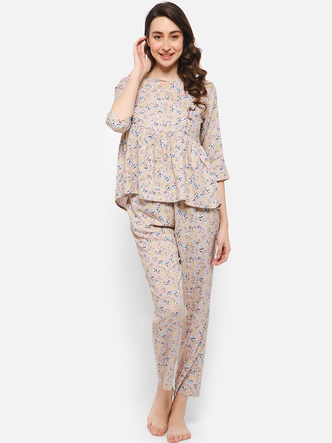 

Clovia Beige & White Floral Printed Night Suit