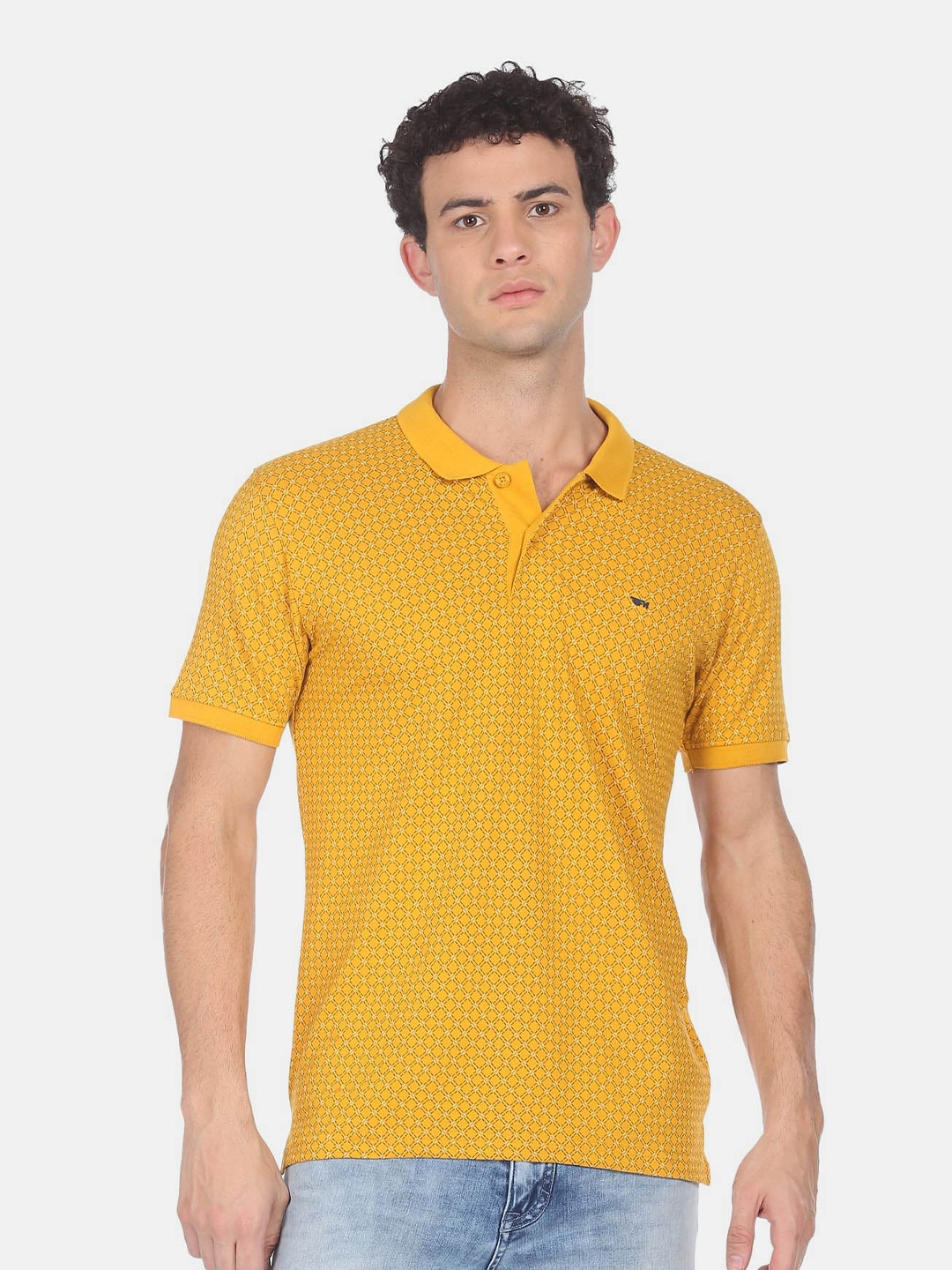 

Flying Machine Printed Pure Cotton Polo Collar Regular T-shirt, Yellow
