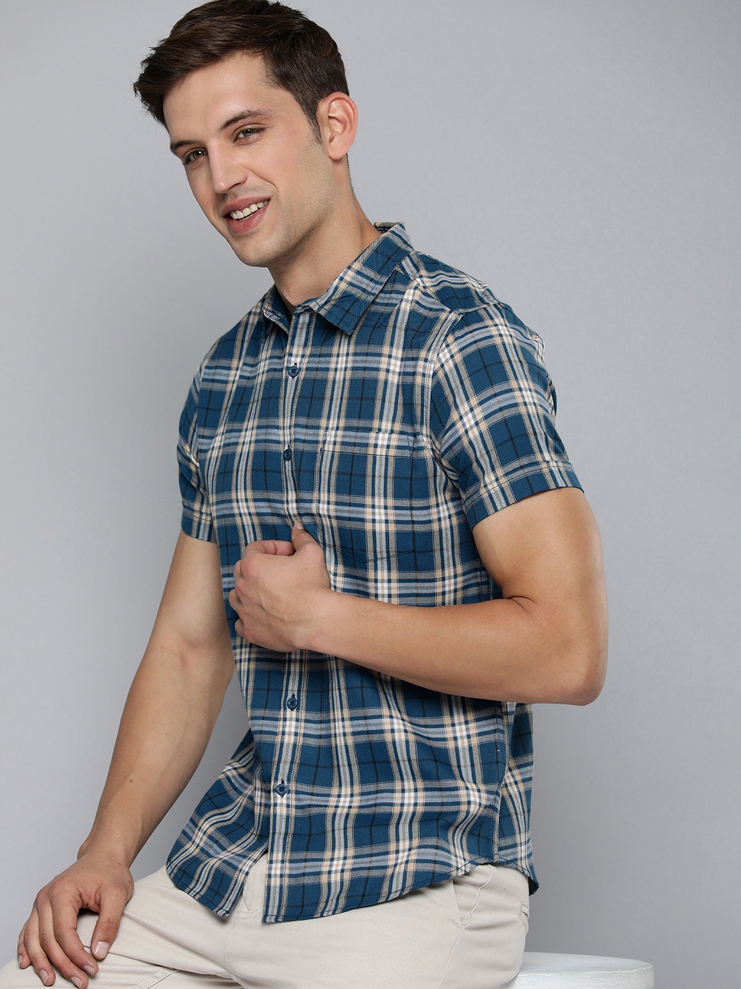 

HERE&NOW Men Slim Fit Opaque Checked Casual Shirt, Blue