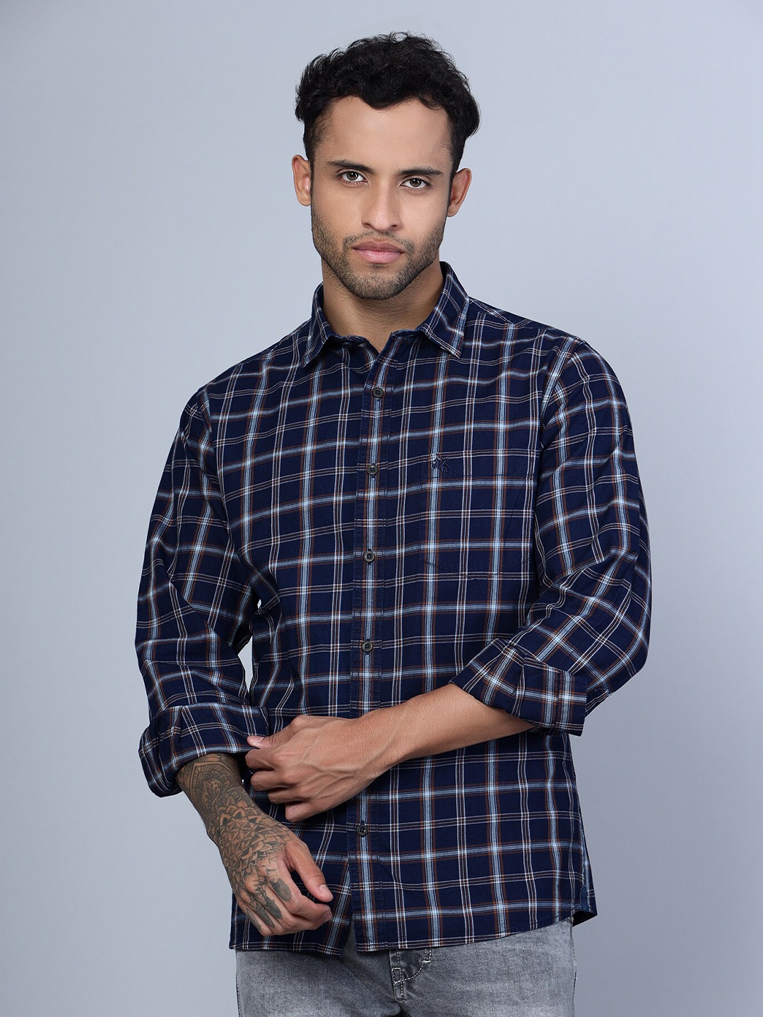 

Cantabil Smart Checked Spread Collar Cotton Casual Shirt, Navy blue