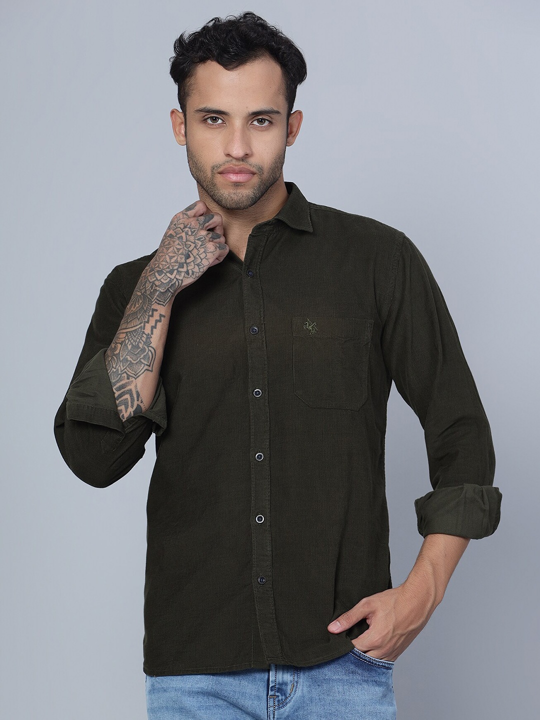

Cantabil Smart Spread Collar Cotton Casual Shirt, Olive