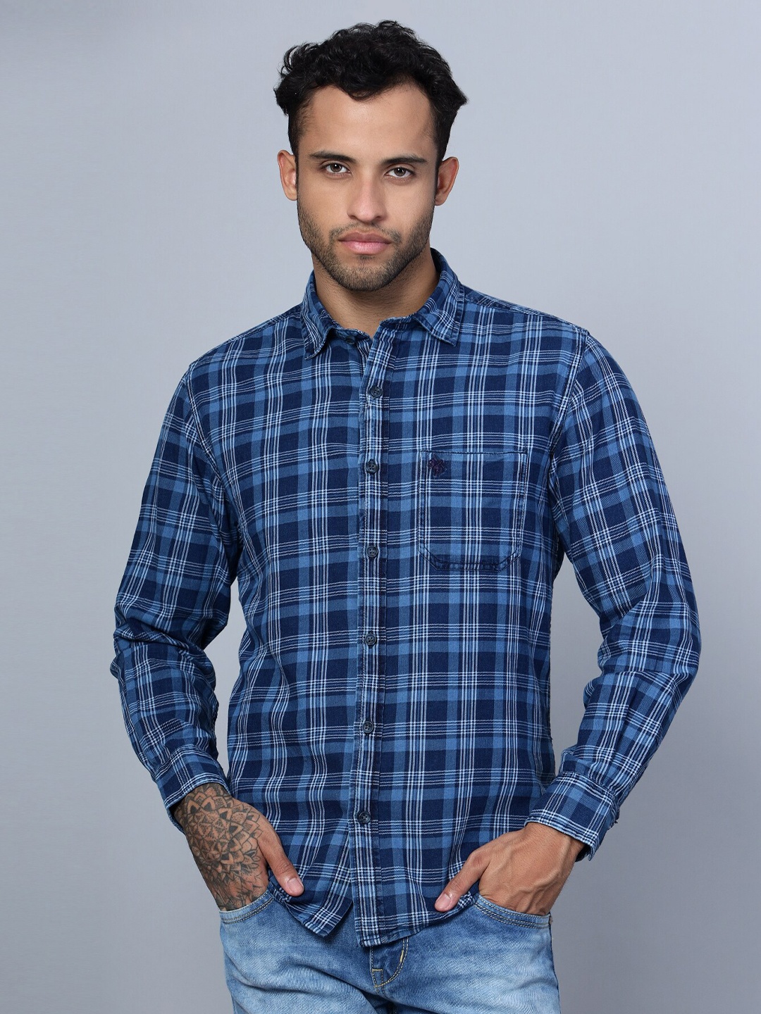 

Cantabil Tartan Checked Smart Cotton Casual Shirt, Navy blue