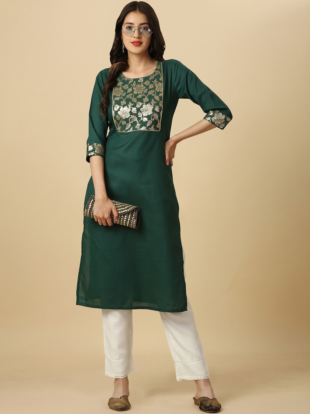 

HERE&NOW Green Floral Yoke Design Gotta Patti Kurta