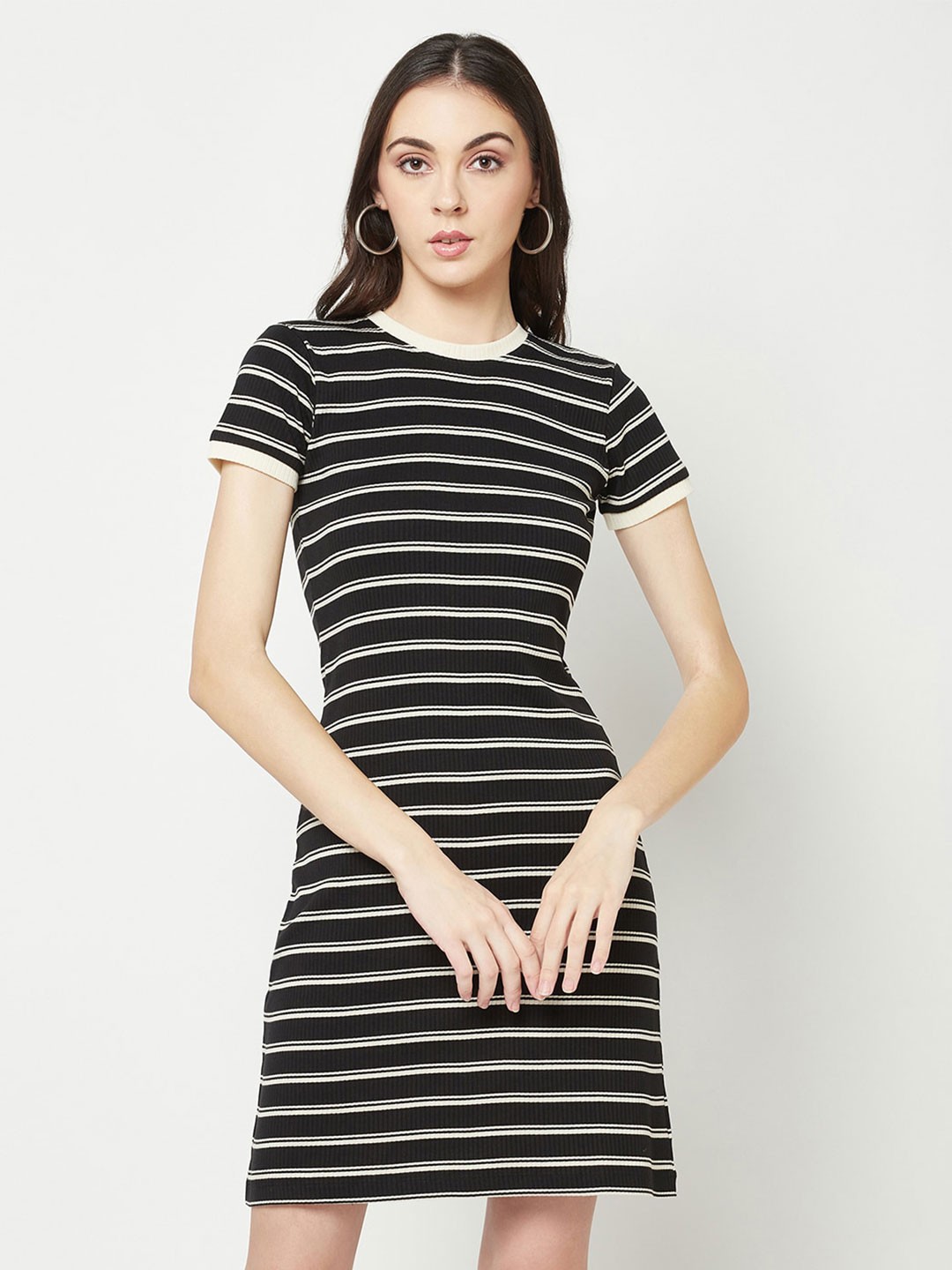 

Crimsoune Club Striped Round Neck T-shirt Dress, Black