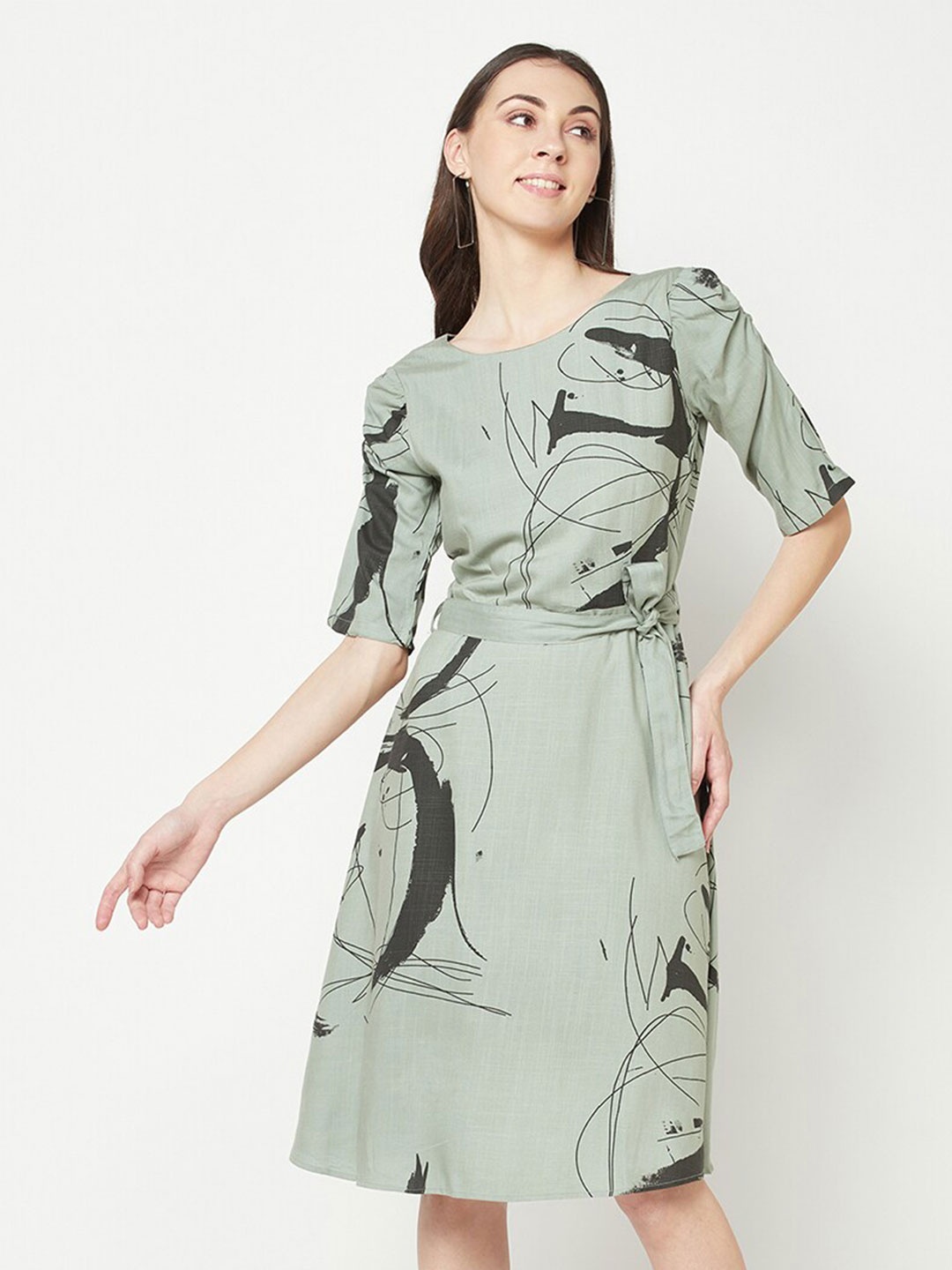 

Crimsoune Club Abstract Printed A-Line Dress With Belt, Olive