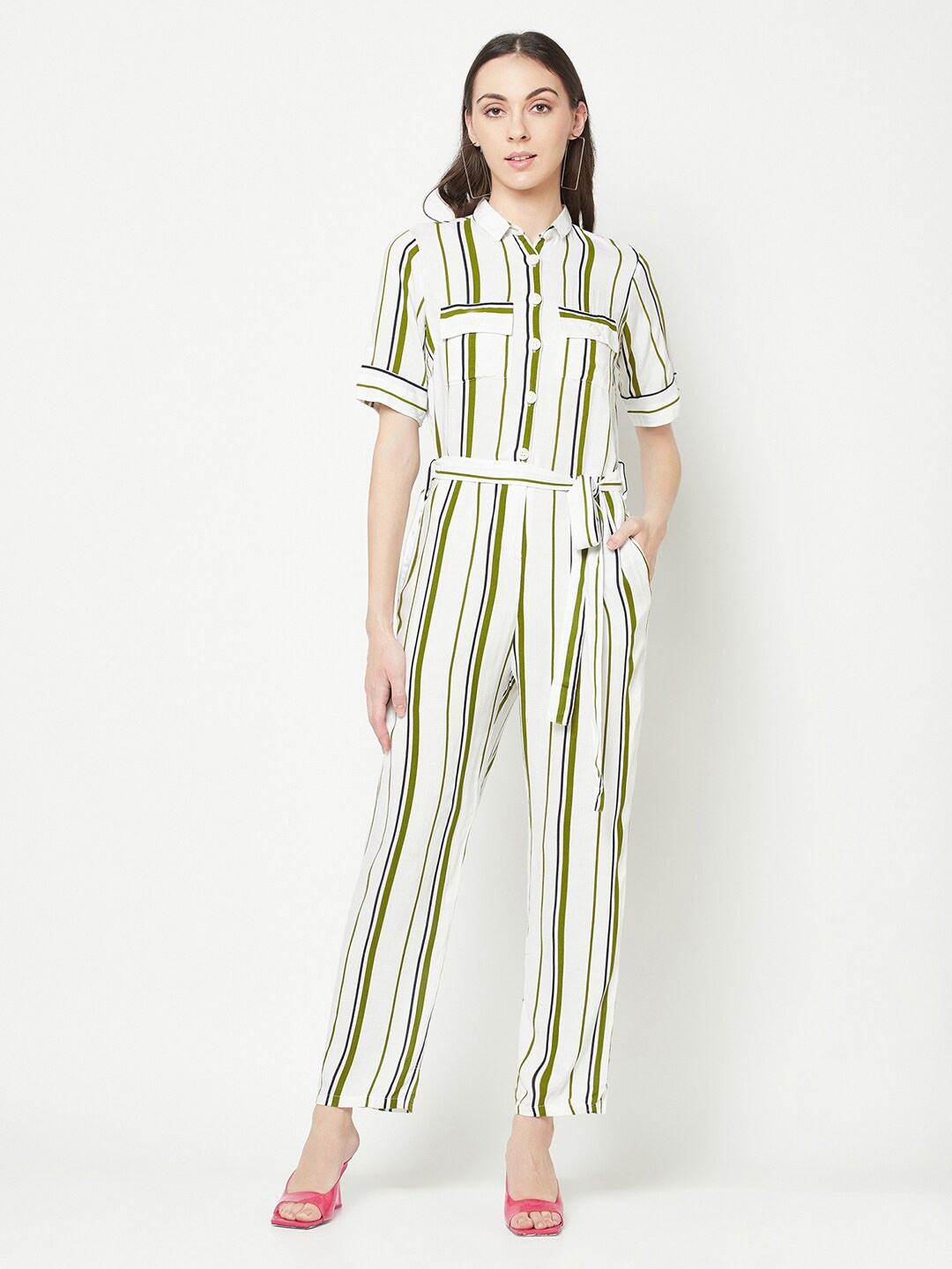 

Crimsoune Club Striped Shirt Collar Waist Tie-Ups Basic Jumpsuit, White