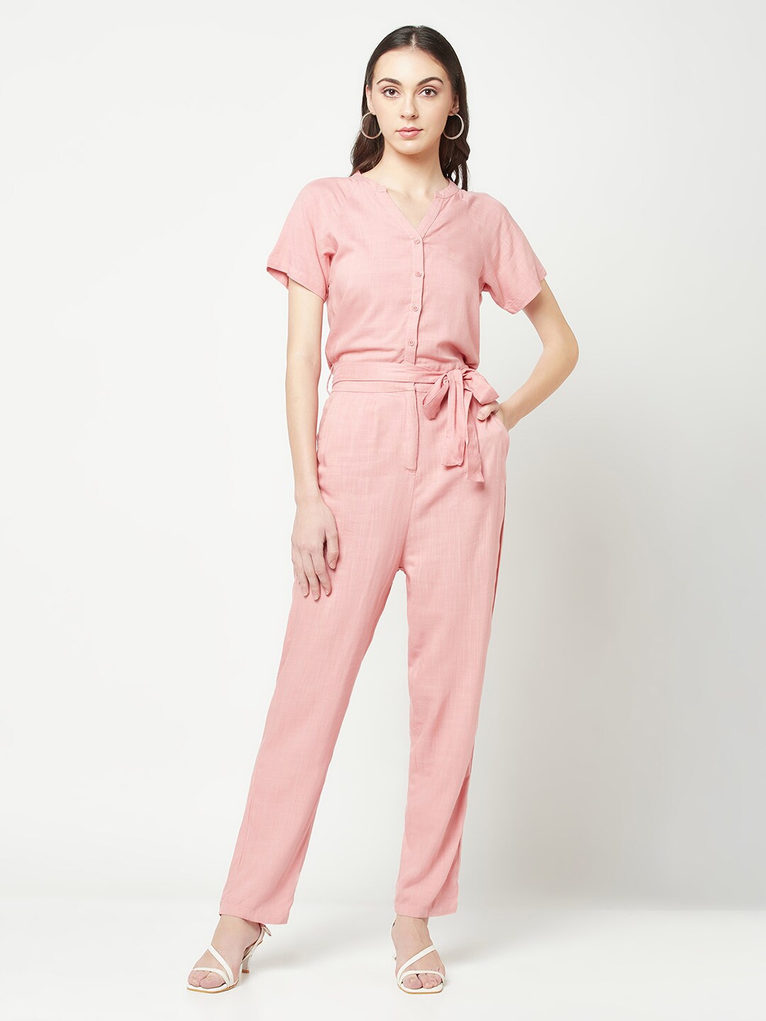 

Crimsoune Club V-Neck Waist Tie-Ups Basic Jumpsuit, Pink