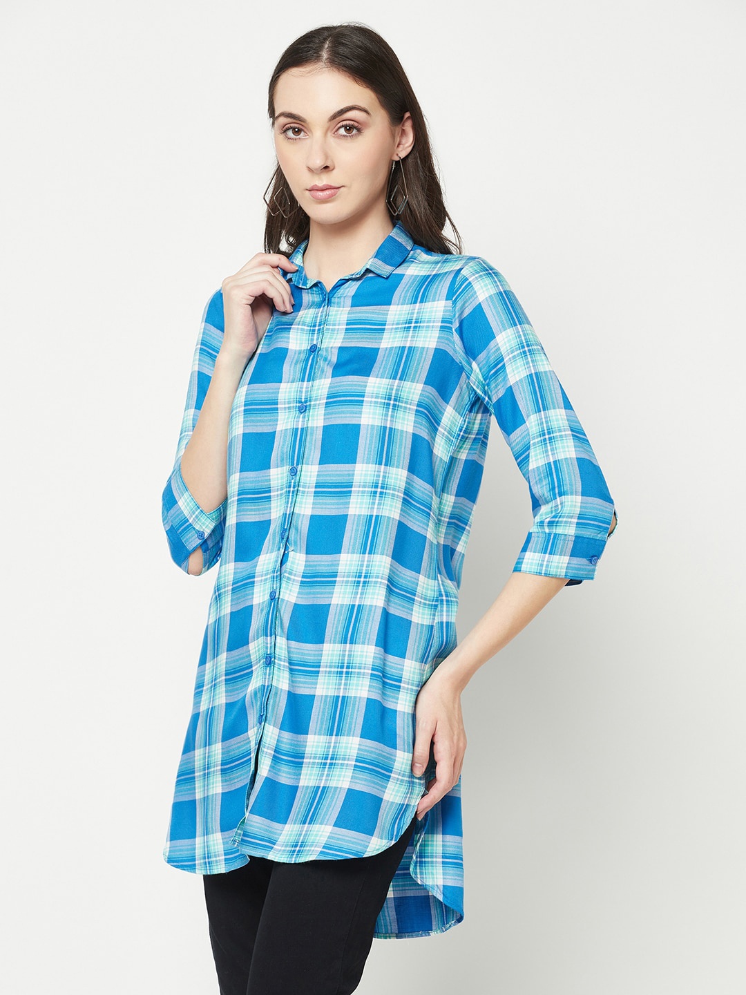

Crimsoune Club Tartan Checked Longline Casual Shirt, Turquoise blue
