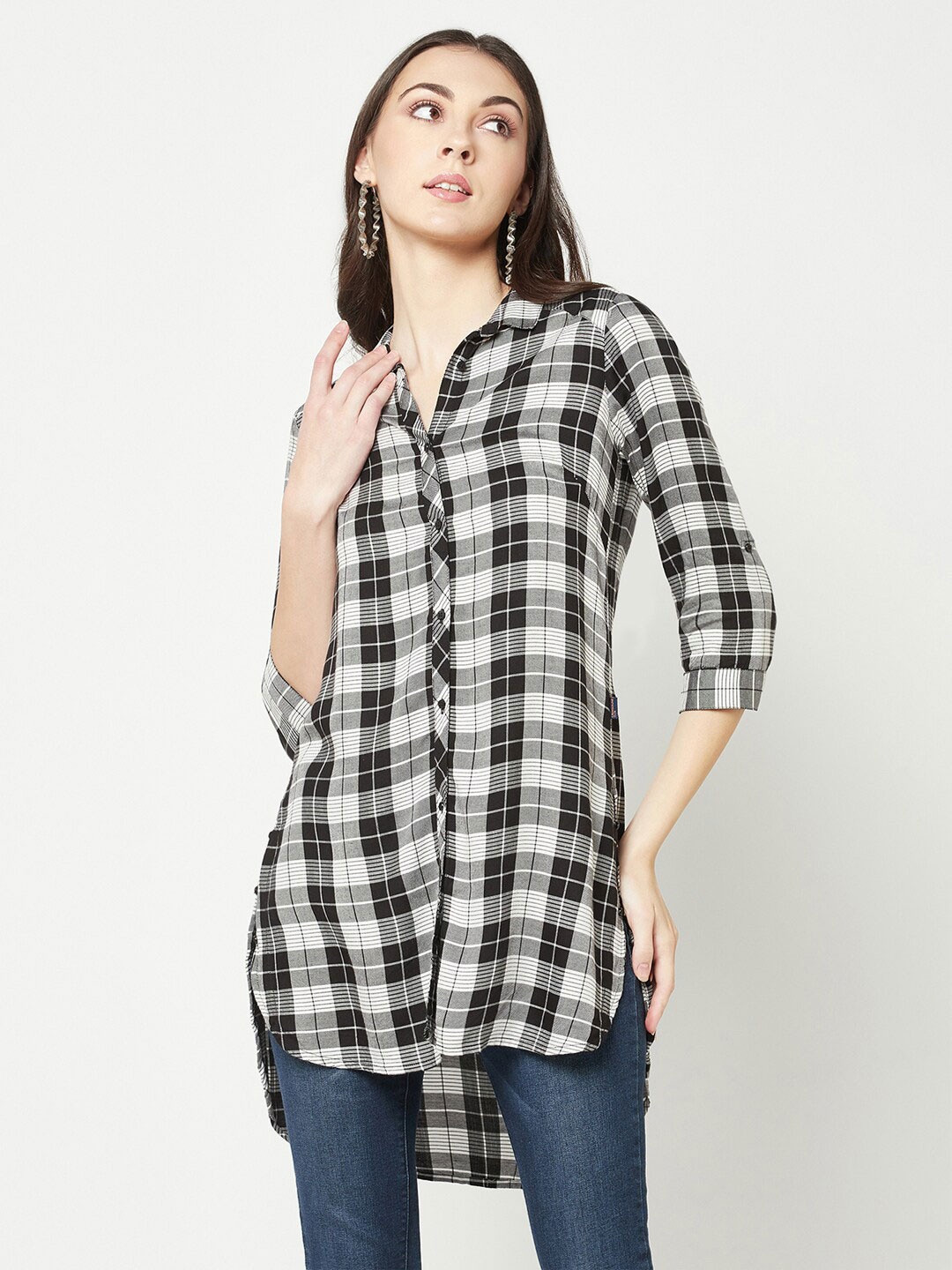 

Crimsoune Club Tartan Checked Longline Casual Shirt, White