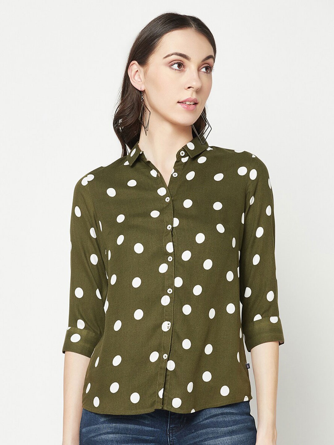 

Crimsoune Club Polka Dot Printed Slim Fit Casual Shirt, Olive