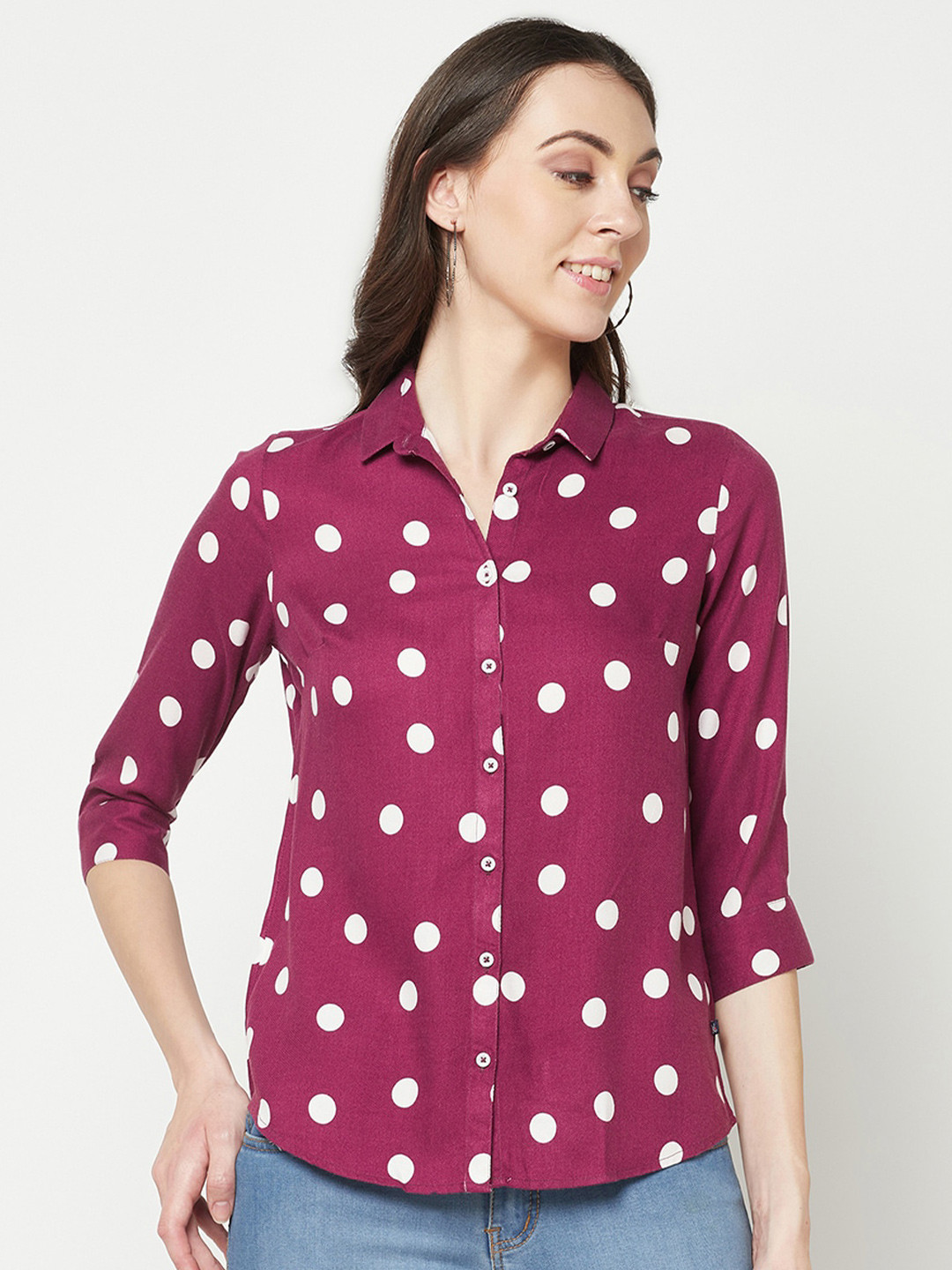 

Crimsoune Club Polka Dots Printed Slim Fit Casual Shirt, Magenta