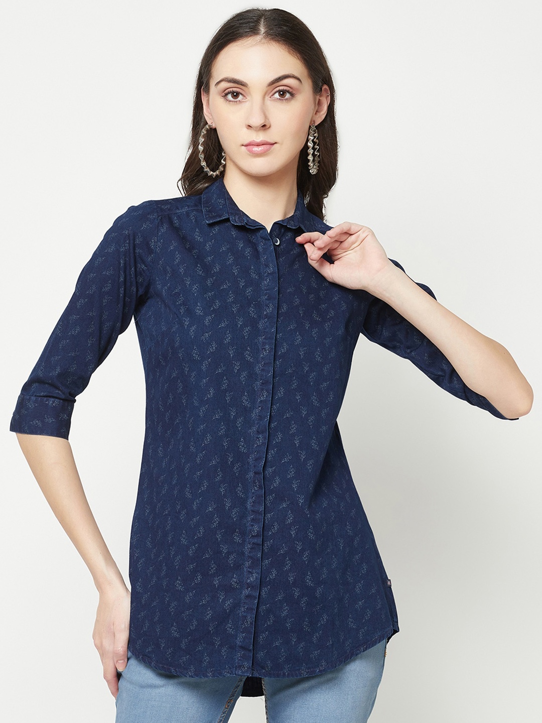 

Crimsoune Club Floral Printed Slim Fit Pure Cotton Denim Casual Shirt, Navy blue