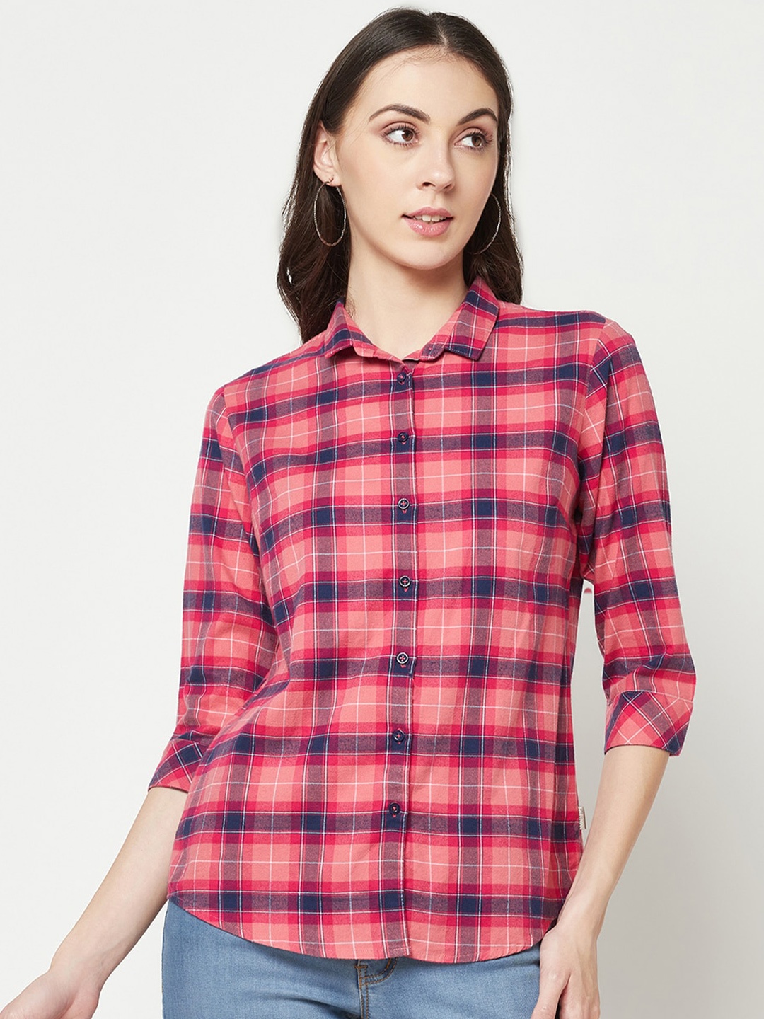 

Crimsoune Club Tartan Checked Slim Fit Pure Cotton Casual Shirt, Pink