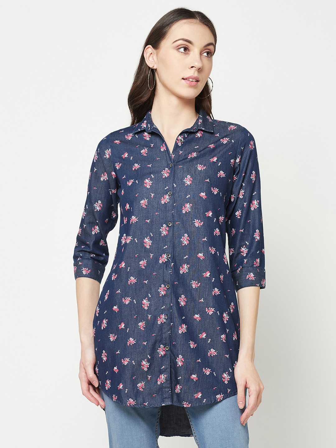 

Crimsoune Club Slim Fit Floral Opaque Printed High-Low Denim Longline Pure Cotton Shirt, Navy blue