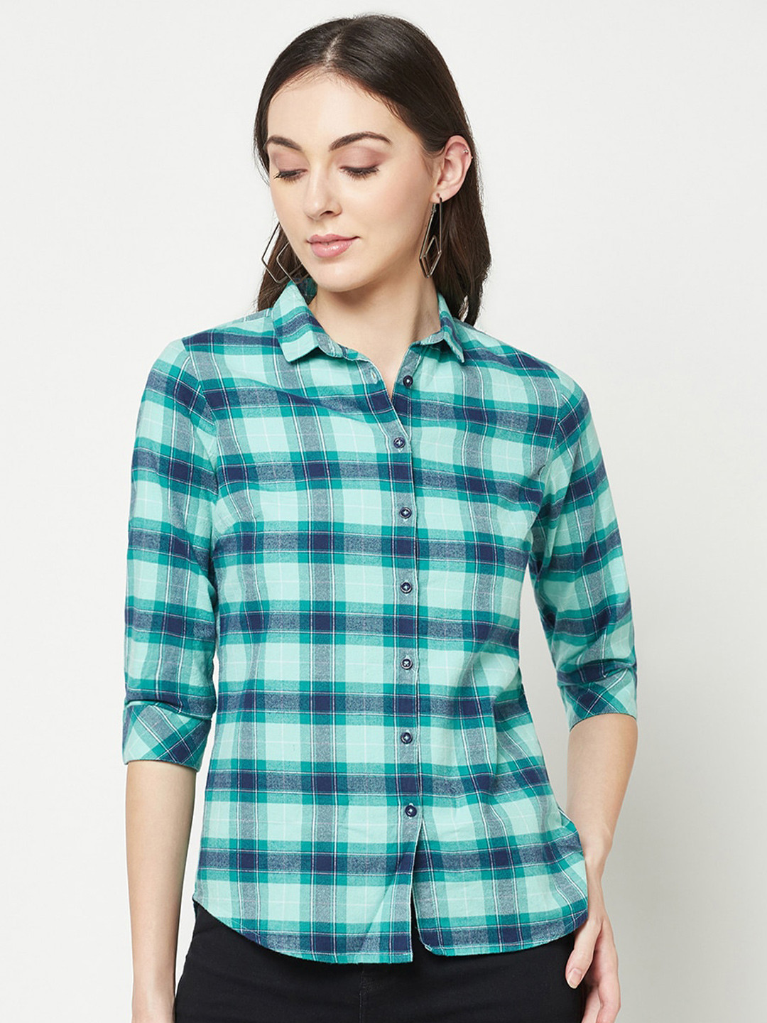 

Crimsoune Club Tartan Checked Slim Fit Pure Cotton Casual Shirt, Turquoise blue