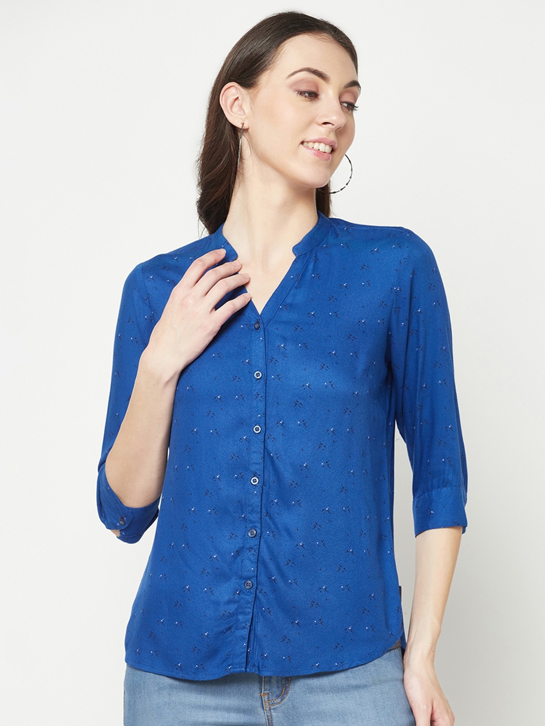 

Crimsoune Club Micro Ditsy Printed Mandarin Collar Slim Fit Casual Shirt, Blue
