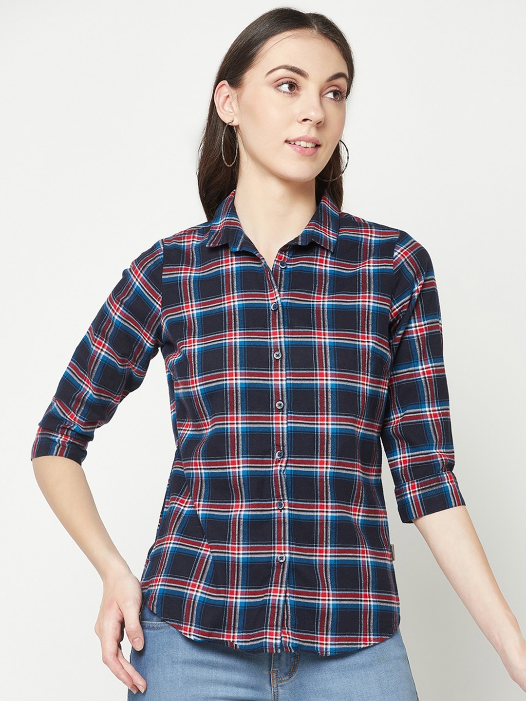 

Crimsoune Club Tartan Checked Slim Fit Pure Cotton Casual Shirt, Blue