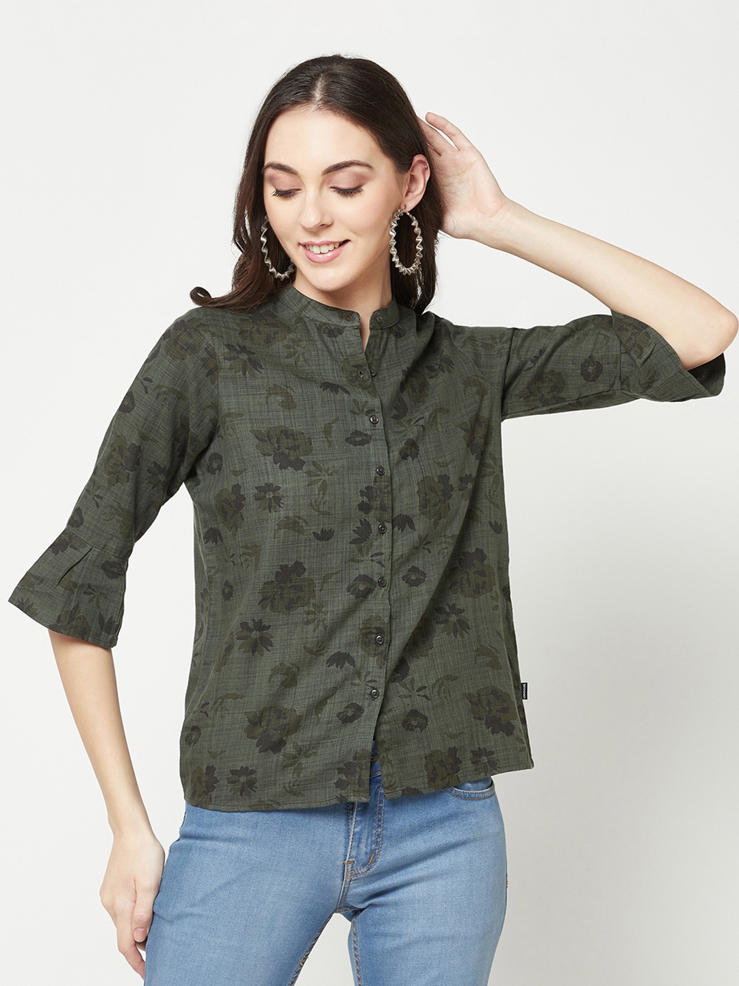 

Crimsoune Club Floral Printed Slim Fit Band Collar Bell Sleeves Casual Shirt, Olive