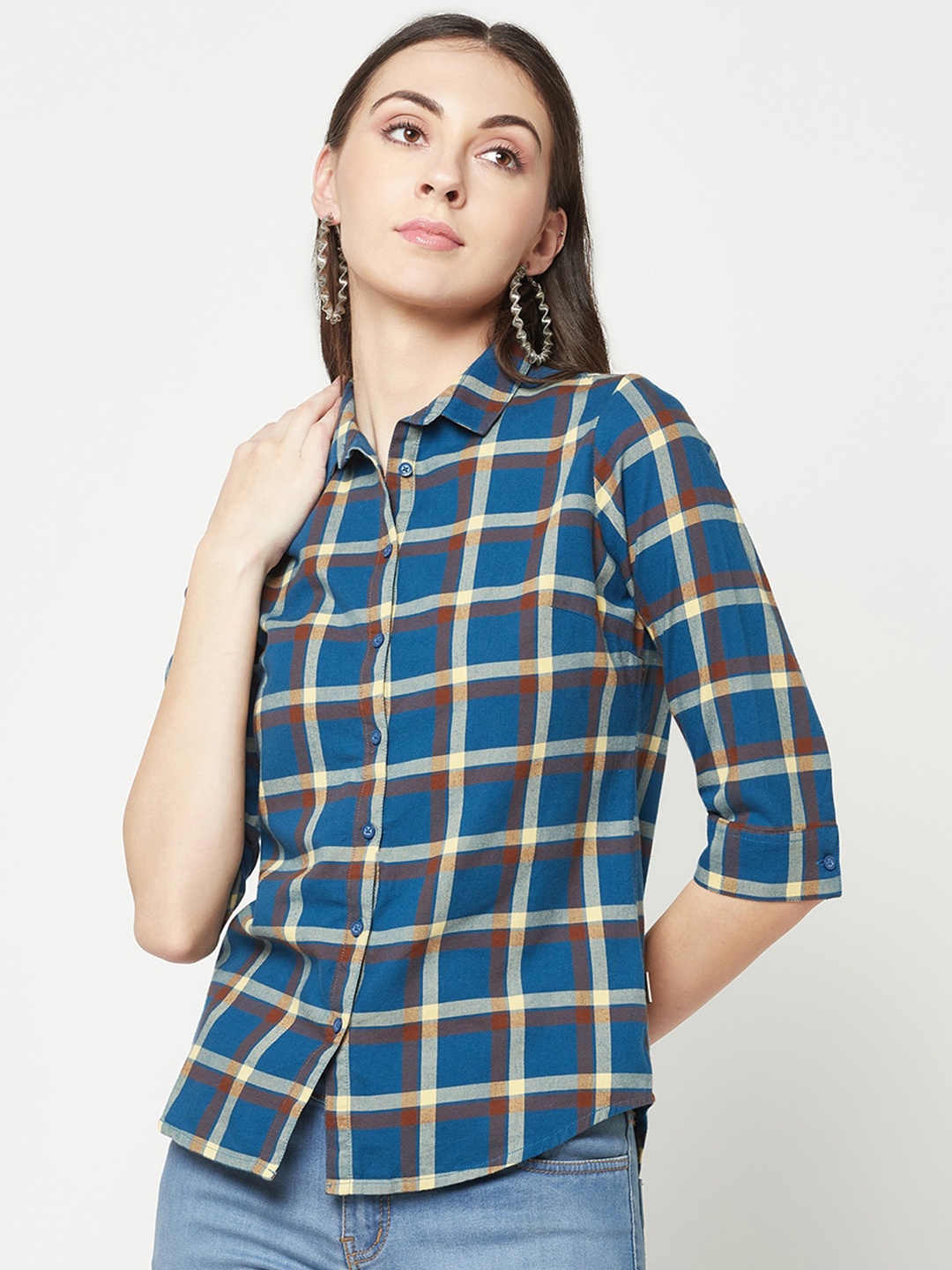 

Crimsoune Club Tartan Checked Slim Fit Pure Cotton Casual Shirt, Blue
