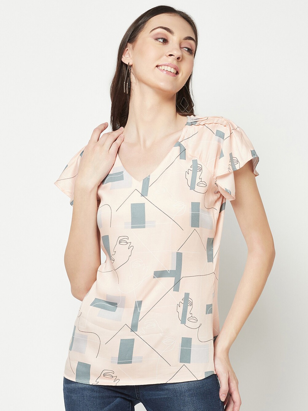 

Crimsoune Club Abstract Prinedt Flutter Sleeve Regular Top, Peach