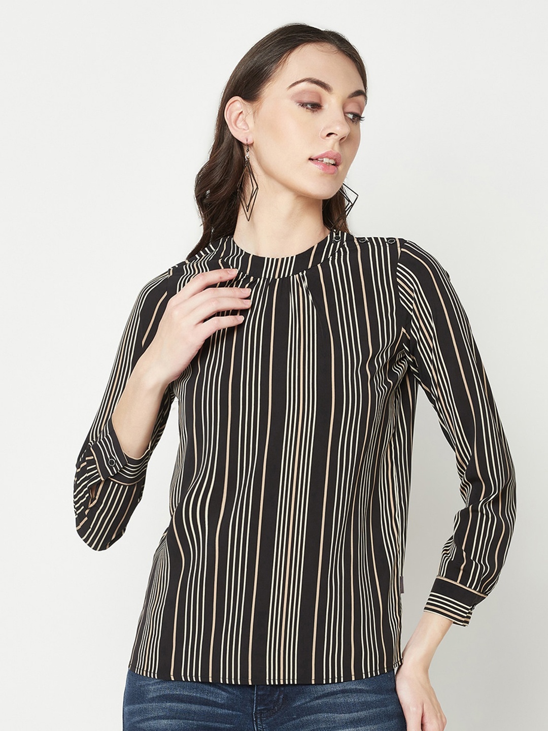 

Crimsoune Club Striped High Neck Full Sleeve Top, Black