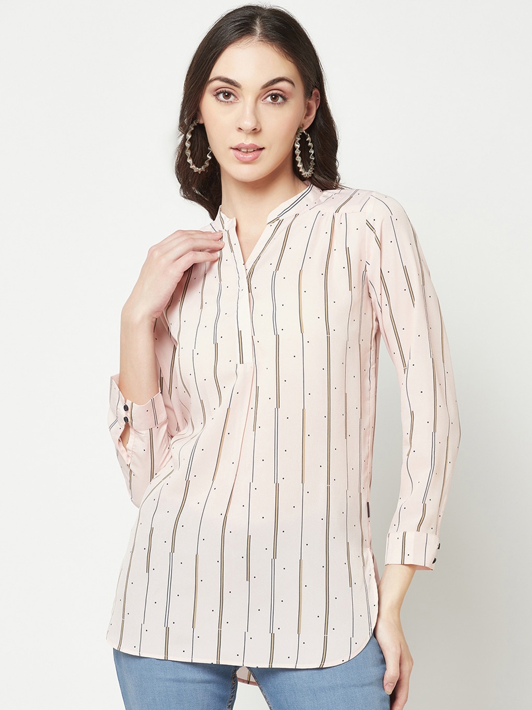 

Crimsoune Club Striped Mandarin Collar Shirt Style Top, Pink