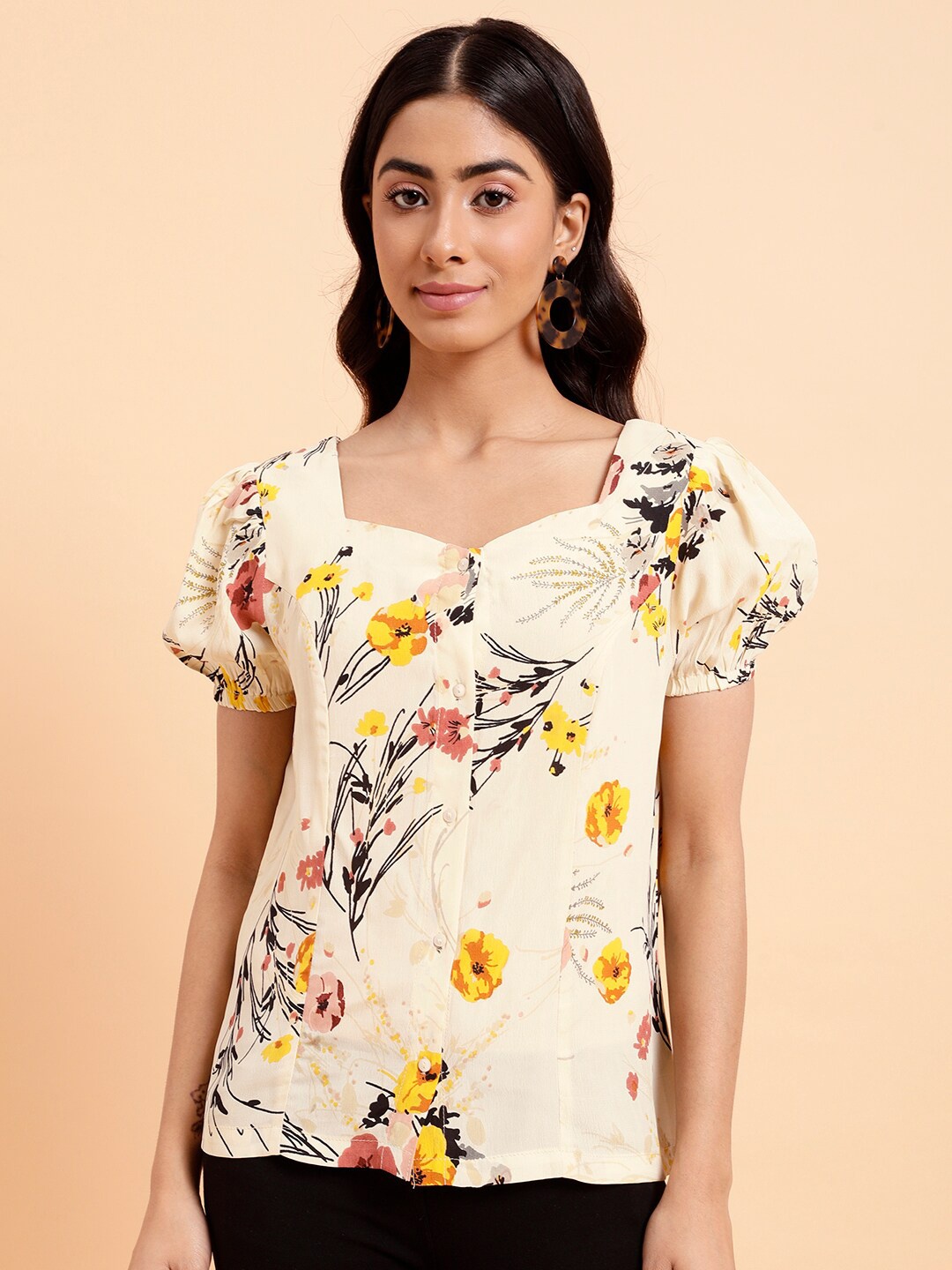 

MINT STREET Floral Printed Sweetheart Neck Puff Sleeve Crepe Shirt Style Top, Beige