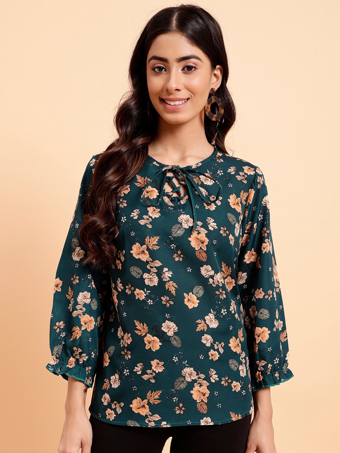 

MINT STREET Floral Printed Tie-Up Neck Cuffed Sleeves Crepe Top, Green