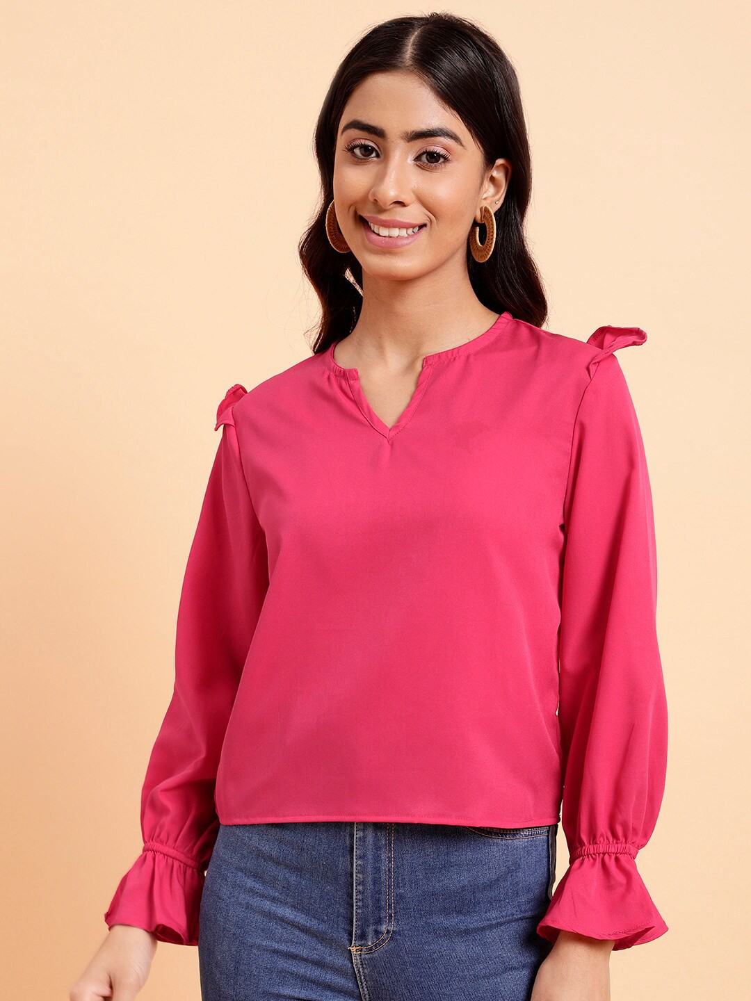 

MINT STREET V-Neck Cuffed Sleeves Casual Crepe Top, Pink