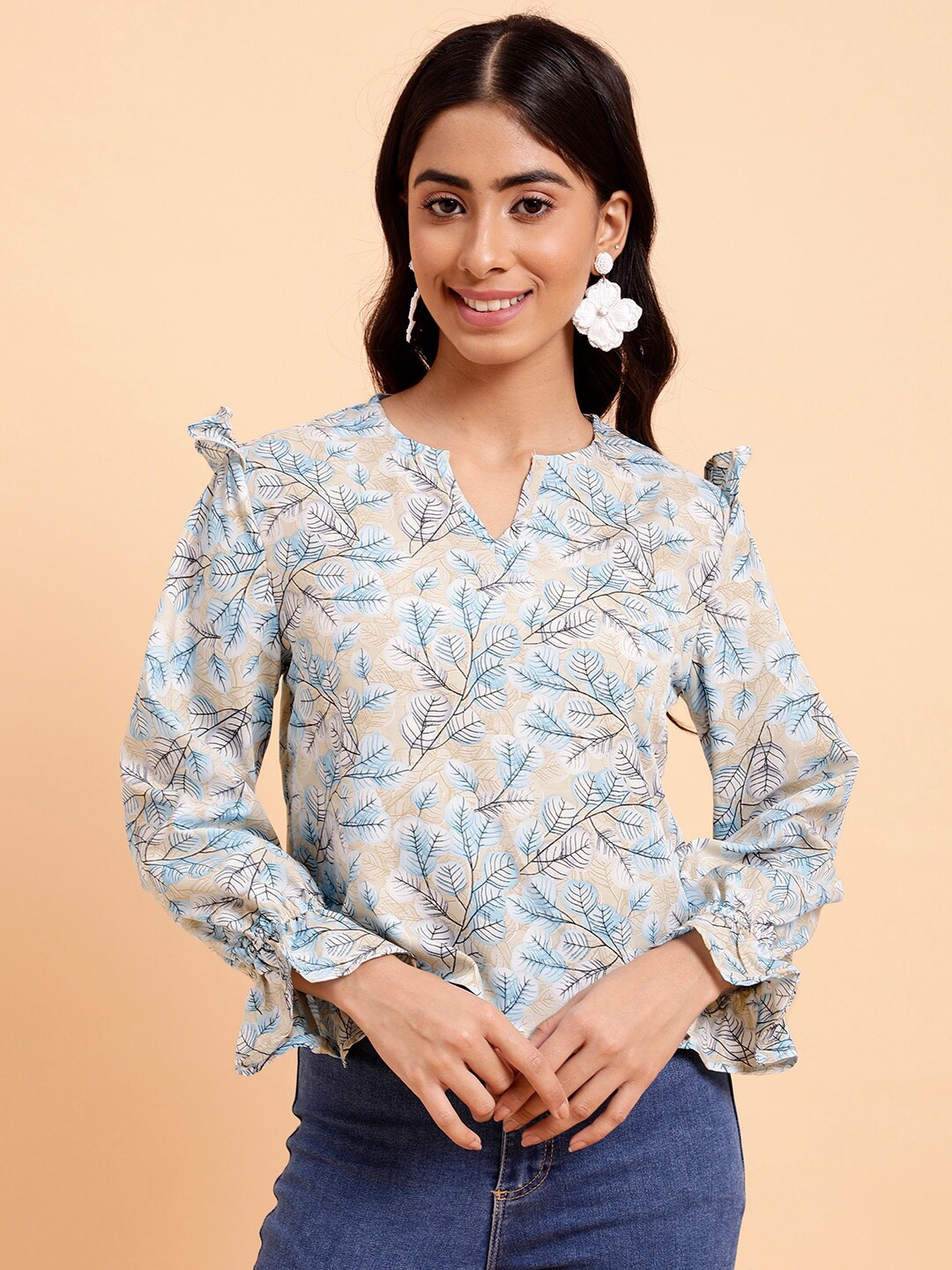 

MINT STREET V-Neck Cuffed Sleeves Casual Crepe Top, Beige
