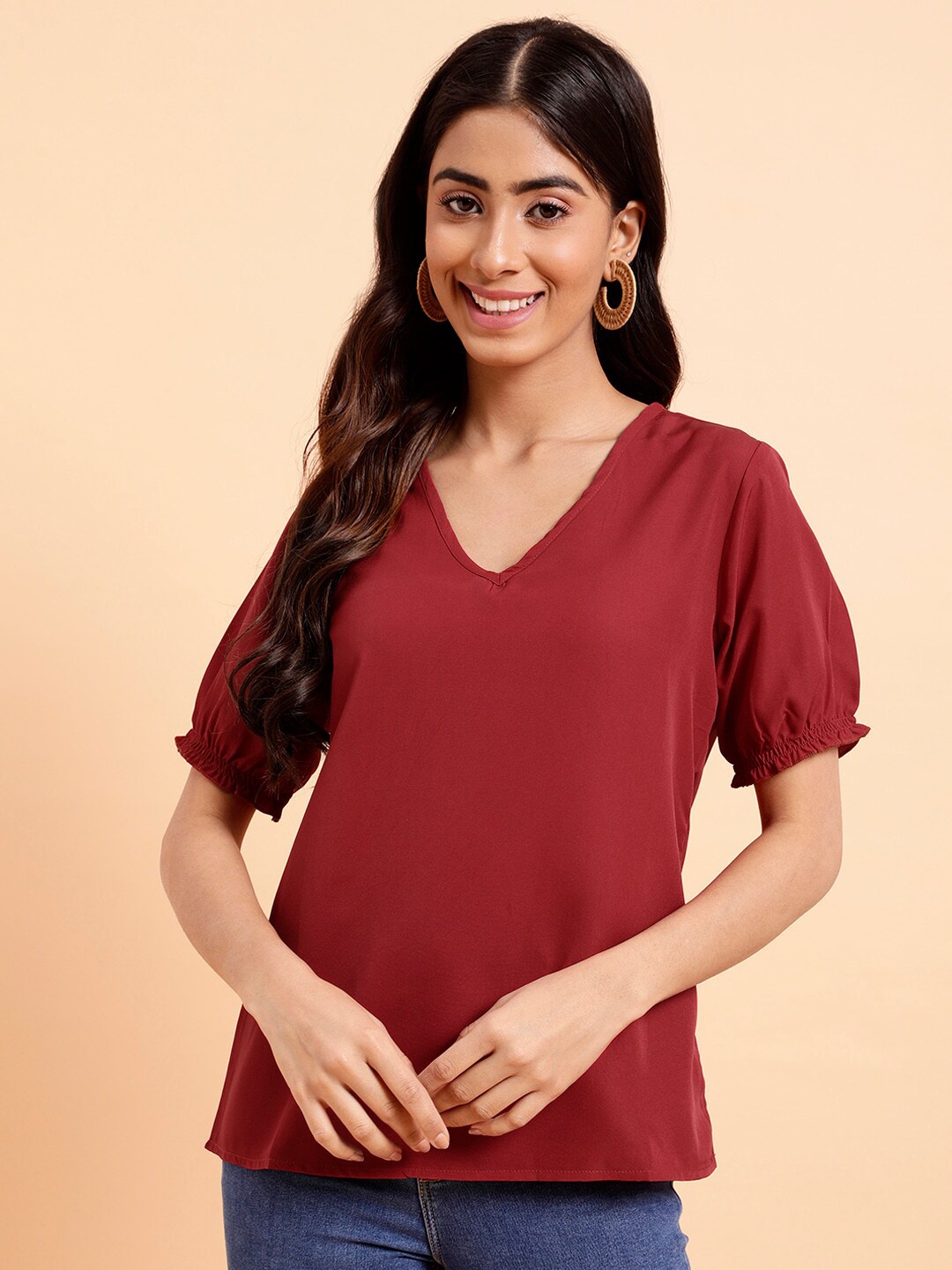 

MINT STREET Puff Sleeve V-Neck Casual Crepe Top, Red