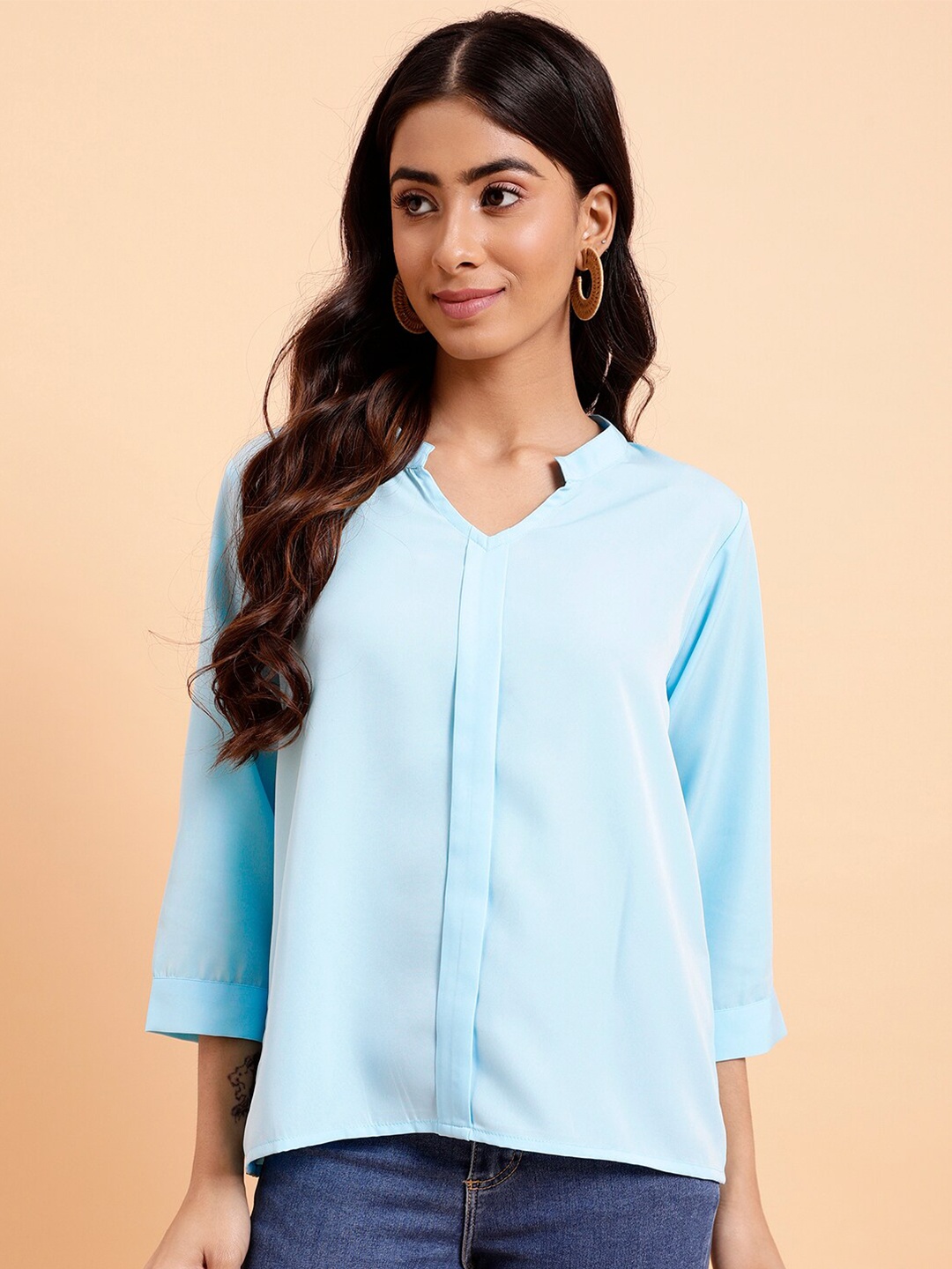 

MINT STREET Mandarin Collar Top, Turquoise blue