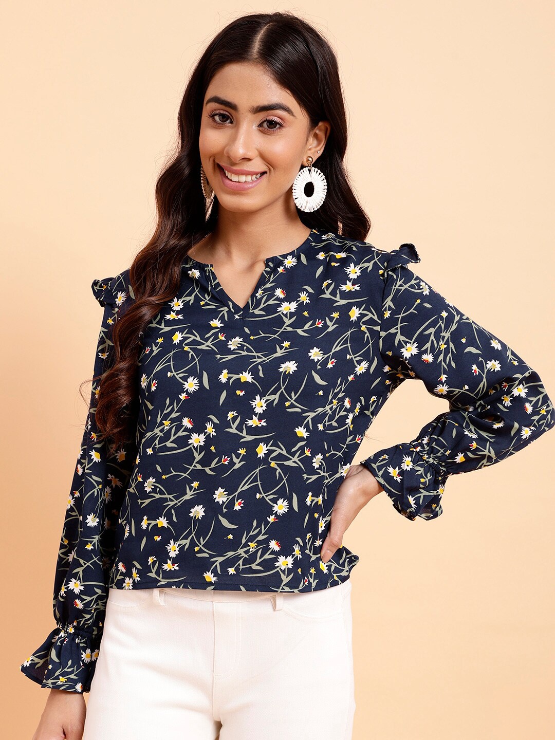 

MINT STREET Floral Printed Puff Sleeve Top, Navy blue