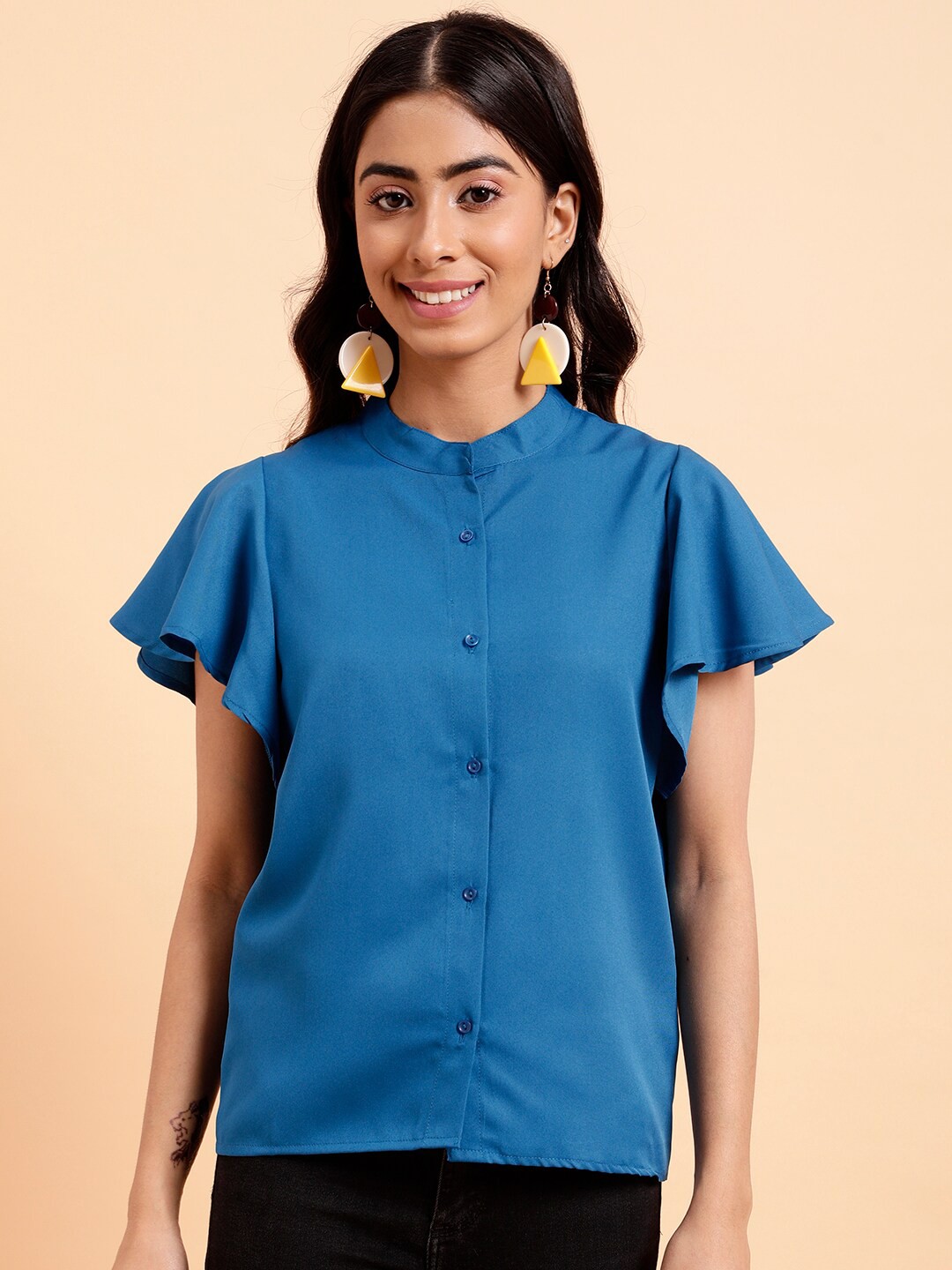 

MINT STREET Mandarin Collar Shirt Style Top, Teal