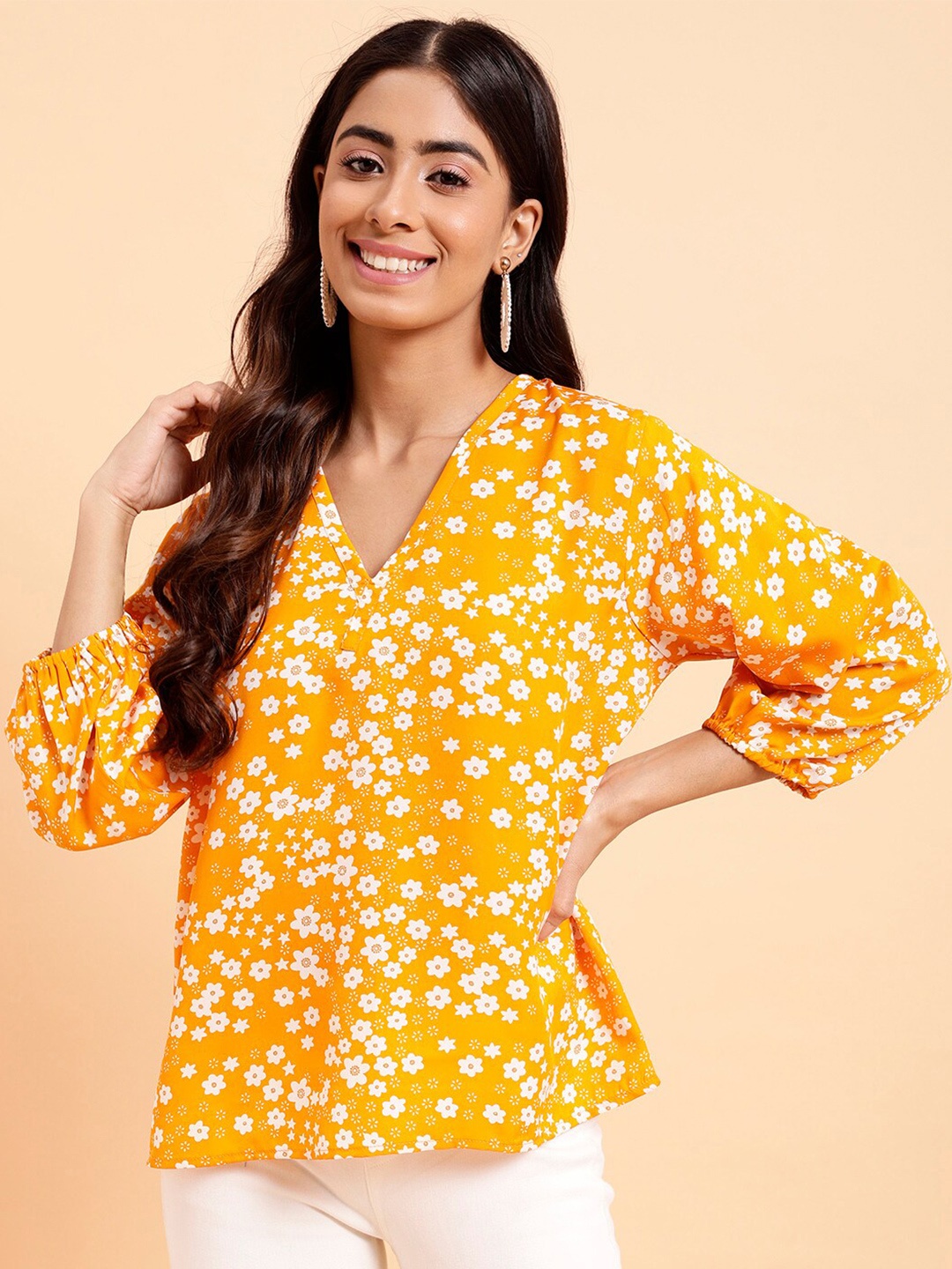 

MINT STREET Floral Printed V Neck Top, Yellow