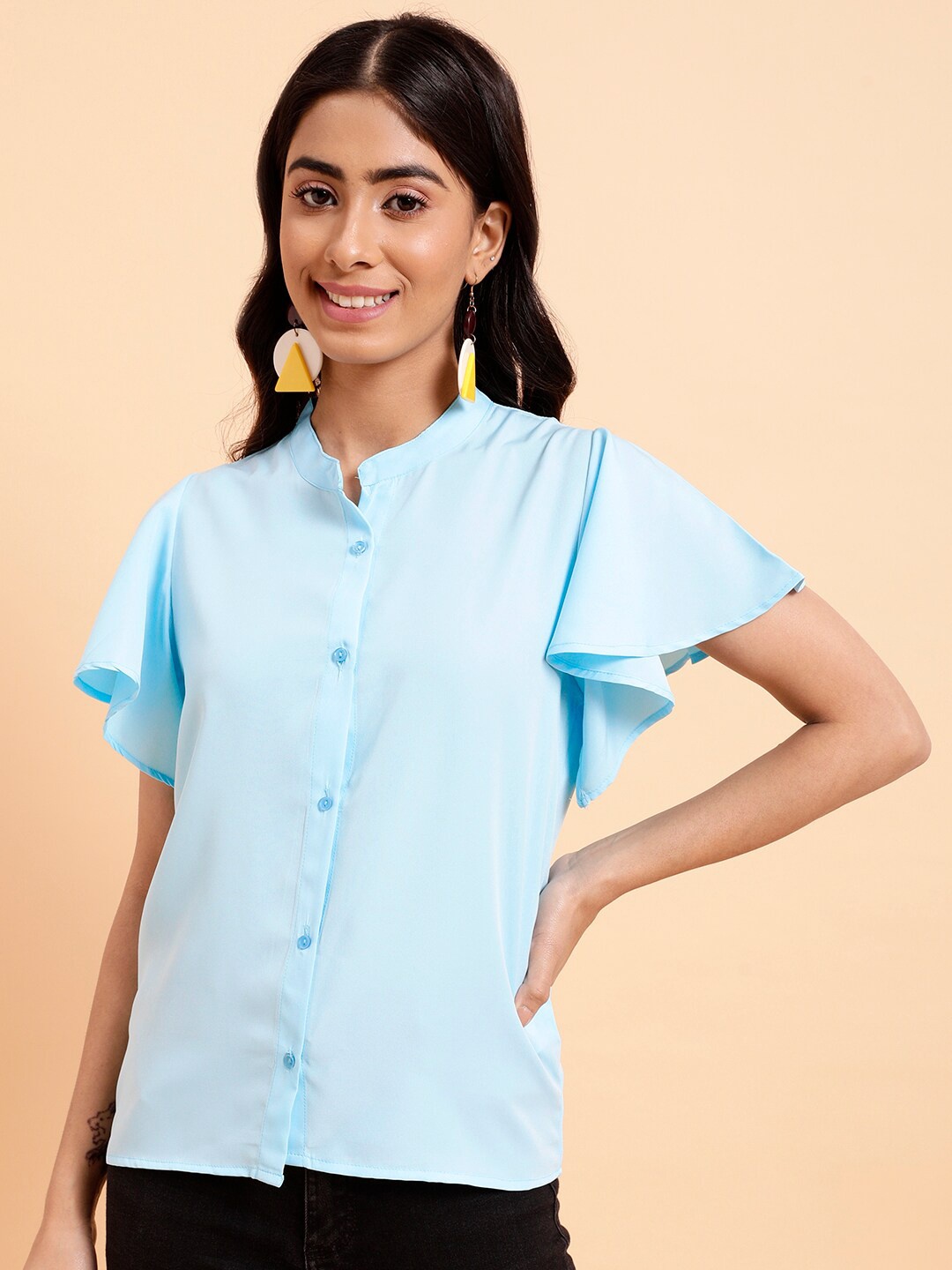 

MINT STREET Flutter Sleeve Shirt Style Top, Turquoise blue