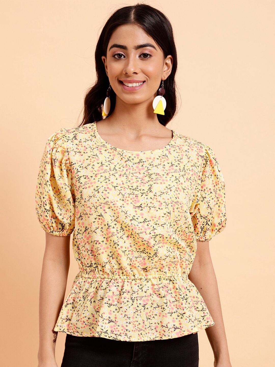 

MINT STREET Floral Printed Puff Sleeve Peplum Top, Yellow