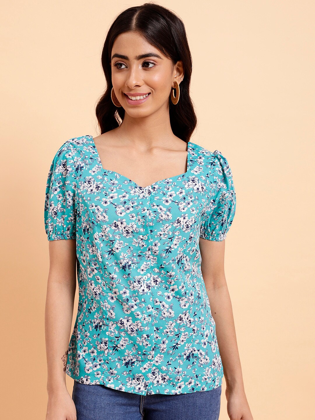 

MINT STREET Floral Printed Puff Sleeve Top, Turquoise blue