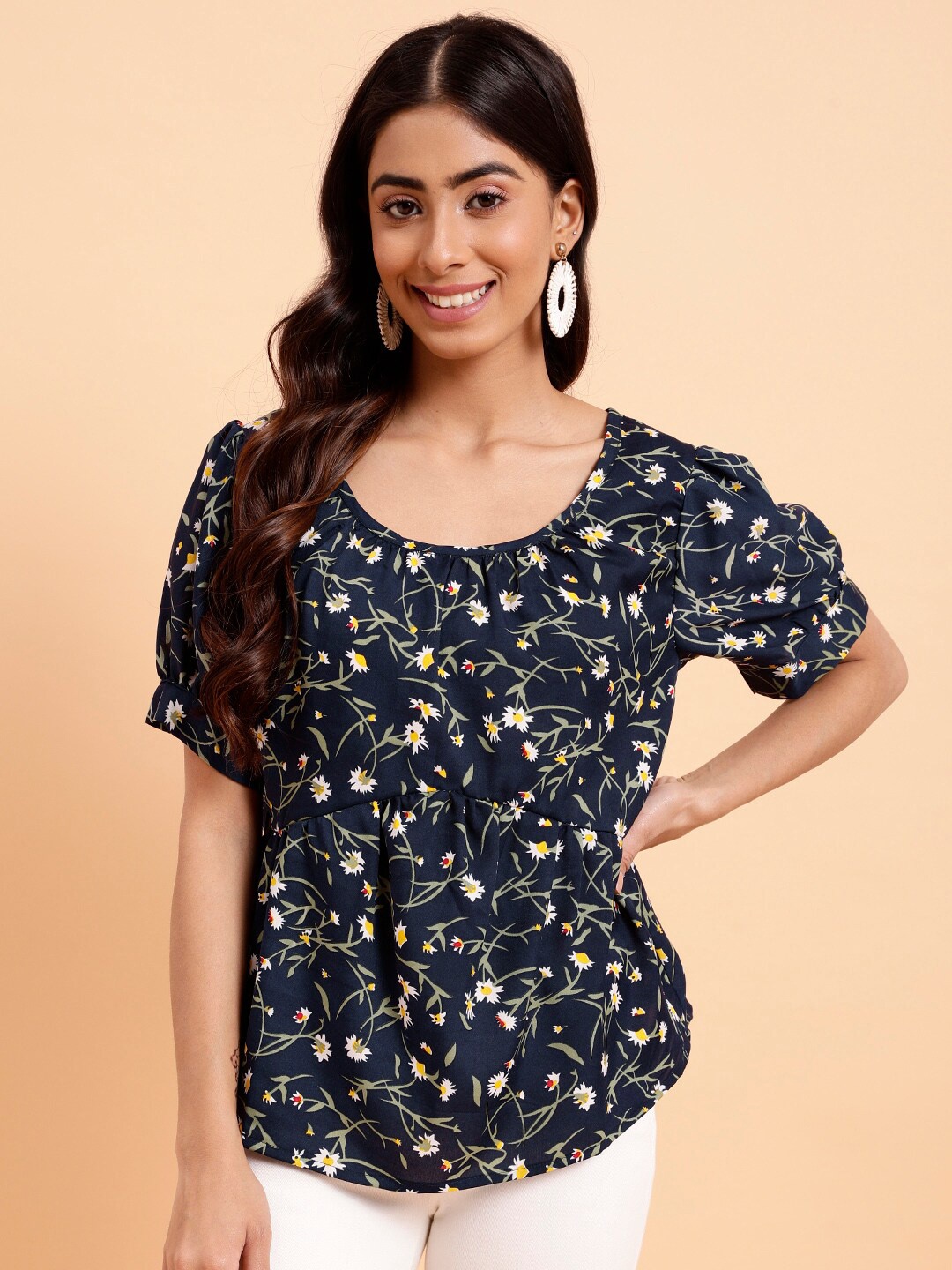 

MINT STREET Floral Printed Puff Sleeve A-Line Top, Navy blue