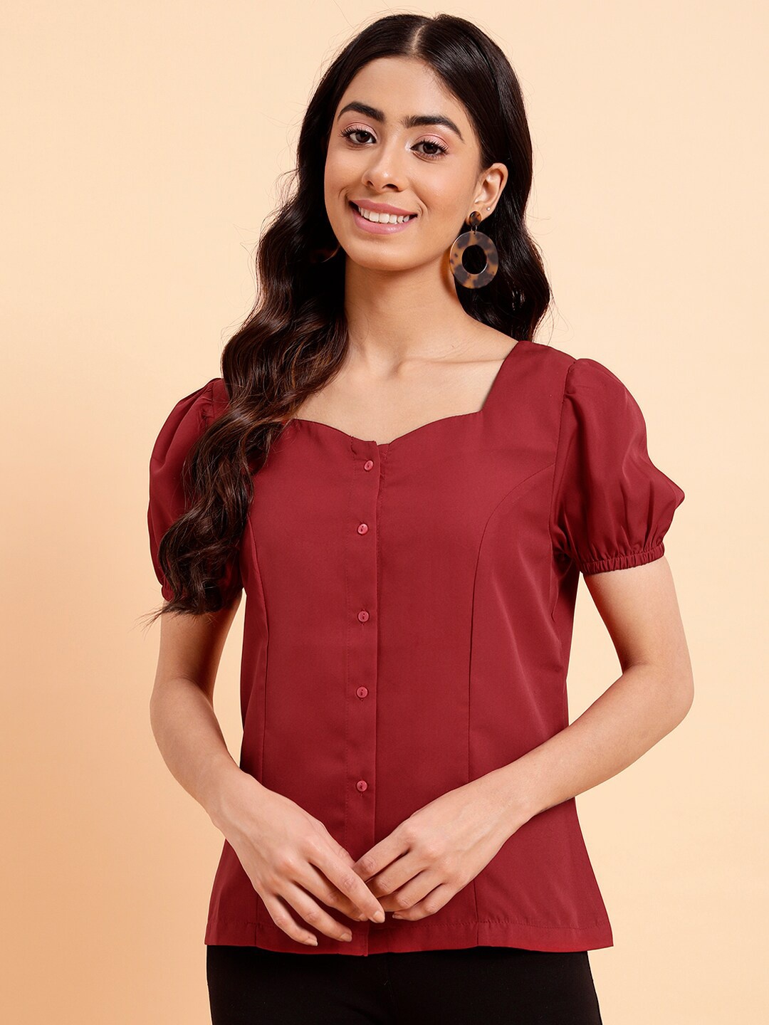 

MINT STREET Sweetheart Neck Puff Sleeve Shirt Style Top, Red