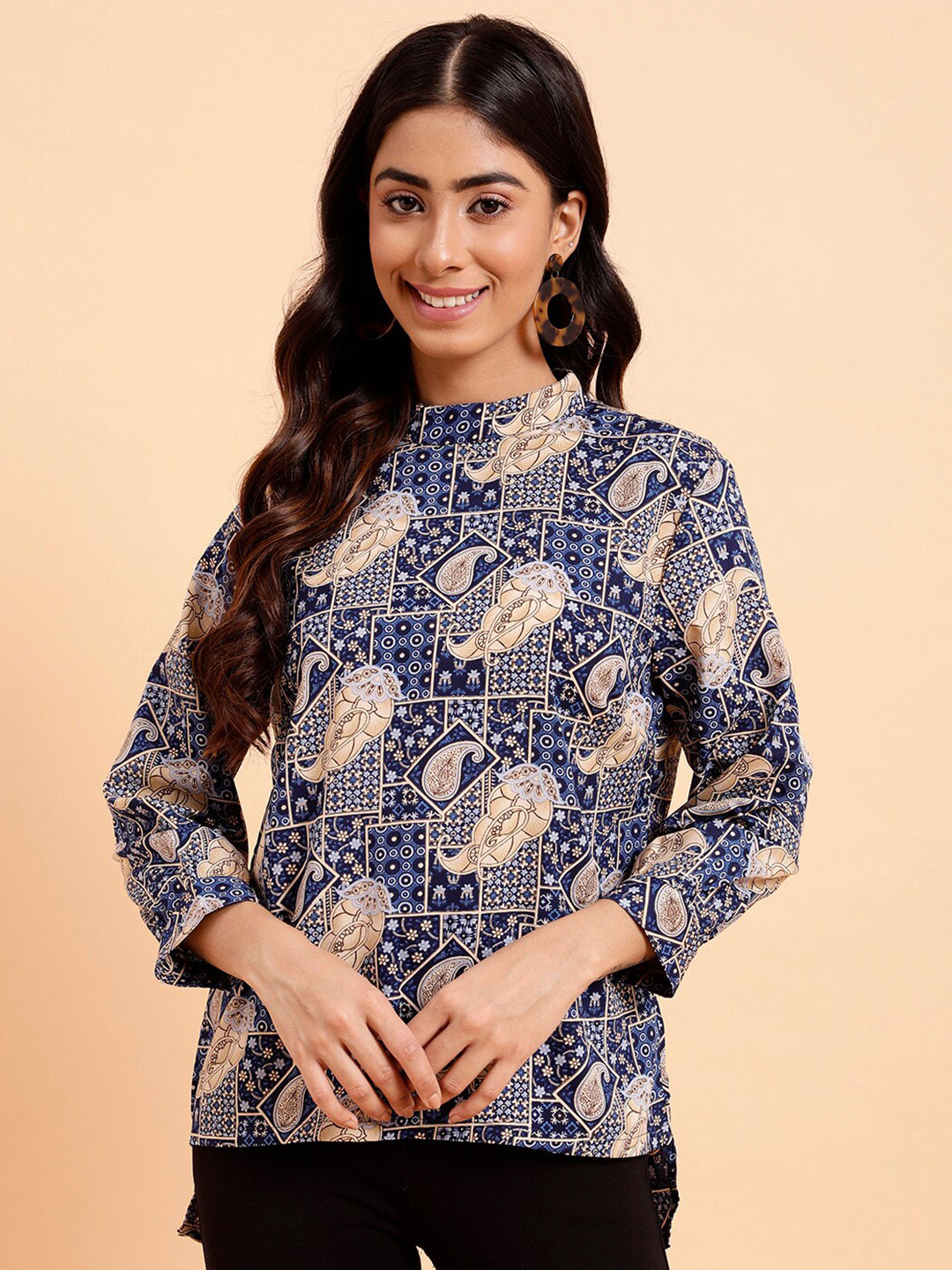 

MINT STREET Ethnic Motif Printed Styled Back Top, Blue
