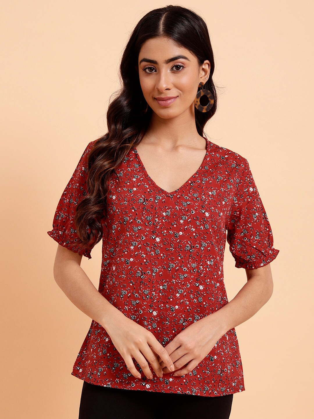 

MINT STREET Floral Printed V Neck Top, Red
