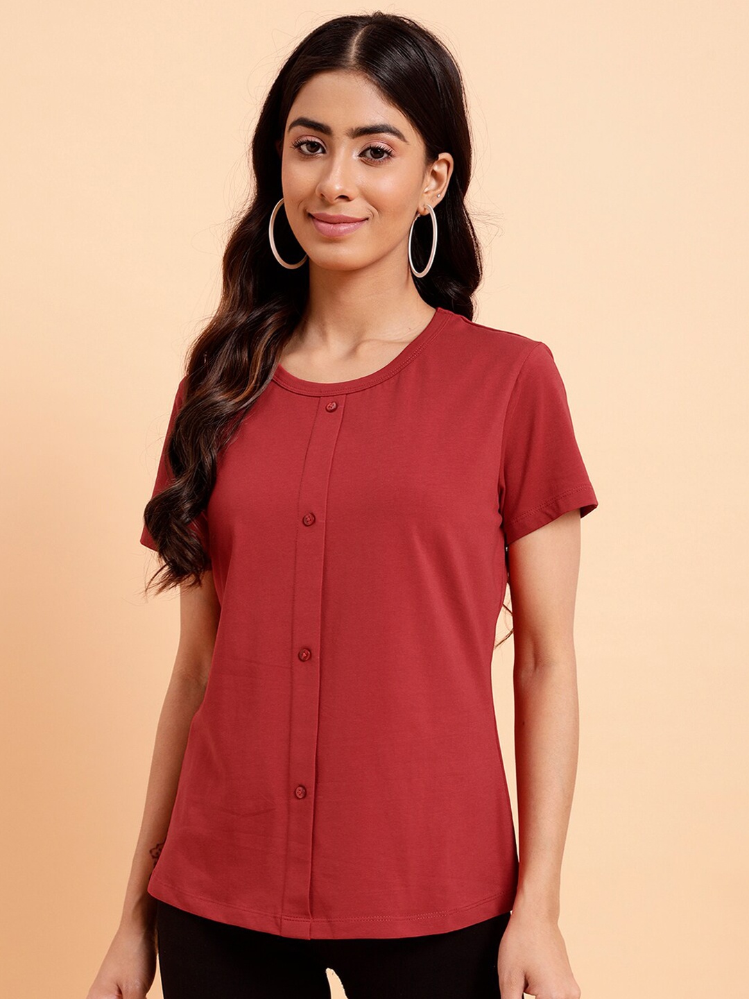 

MINT STREET Round Neck With Buttons Closure Cotton T-Shirt, Red