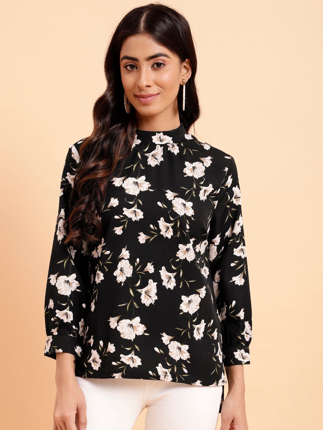 

MINT STREET Floral Printed High Neck Crepe Top, Black