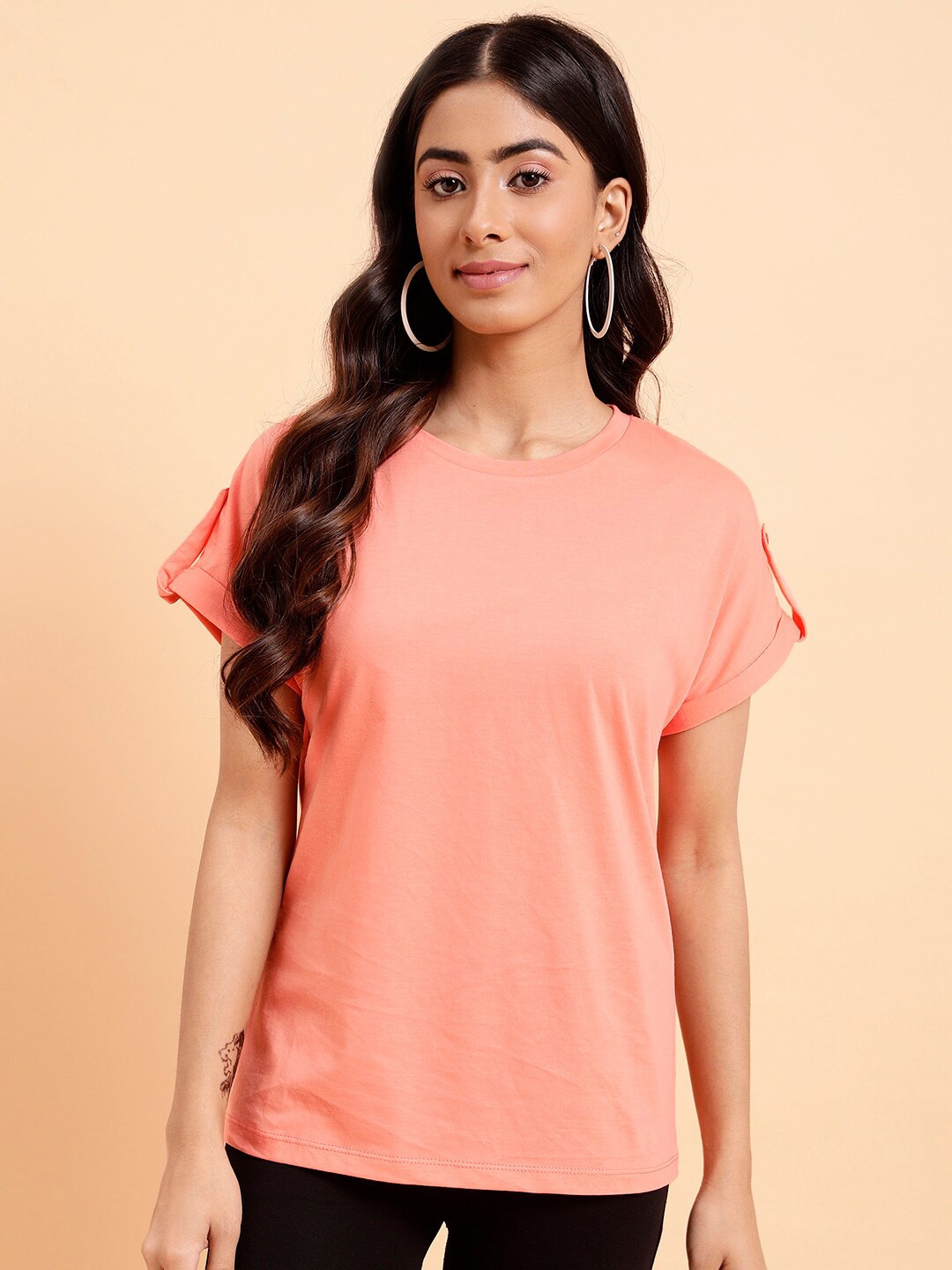 

MINT STREET Round Neck Extended Sleeves Cotton T-Shirt, Peach